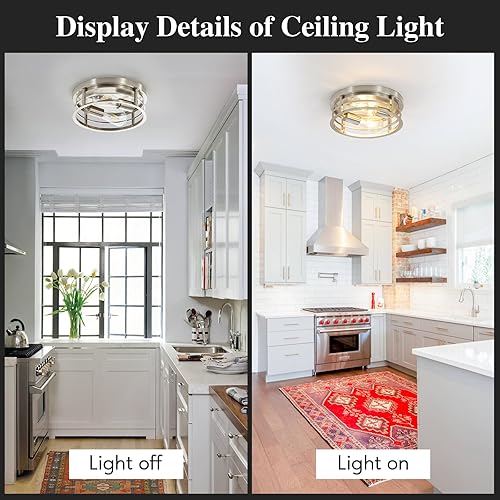 Miniatura 3 de Lámpara de techo redonda empotrada de 2 luces, jaula de metal de níquel cepillado de granja cerca del techo, lámpara de montaje semitecho de base