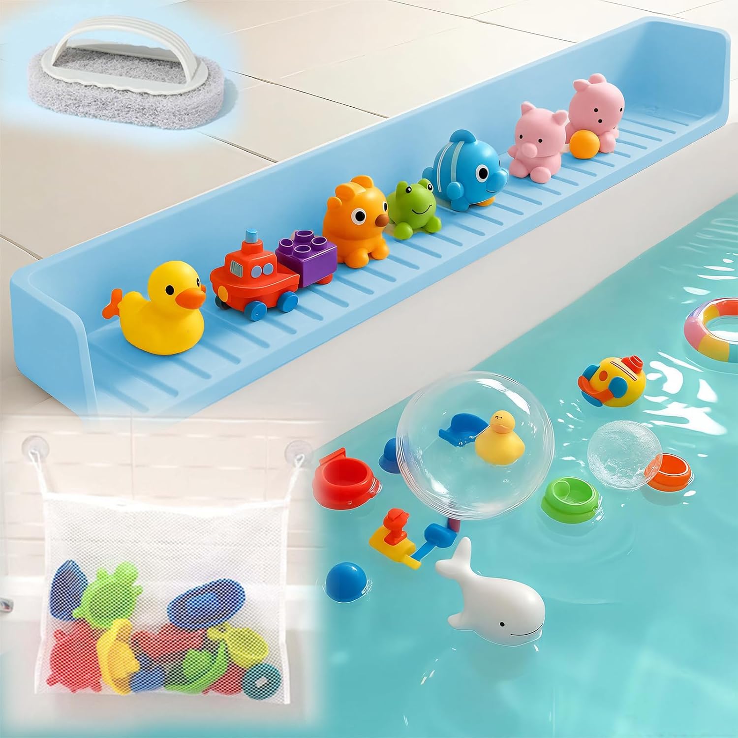 Extra Long White Bathtub Splash Guard Splash Guard Silicone Toy Shelf Holder Prevent Water Spills Kid Bath Tub Accessories (2.6FT, Gray)