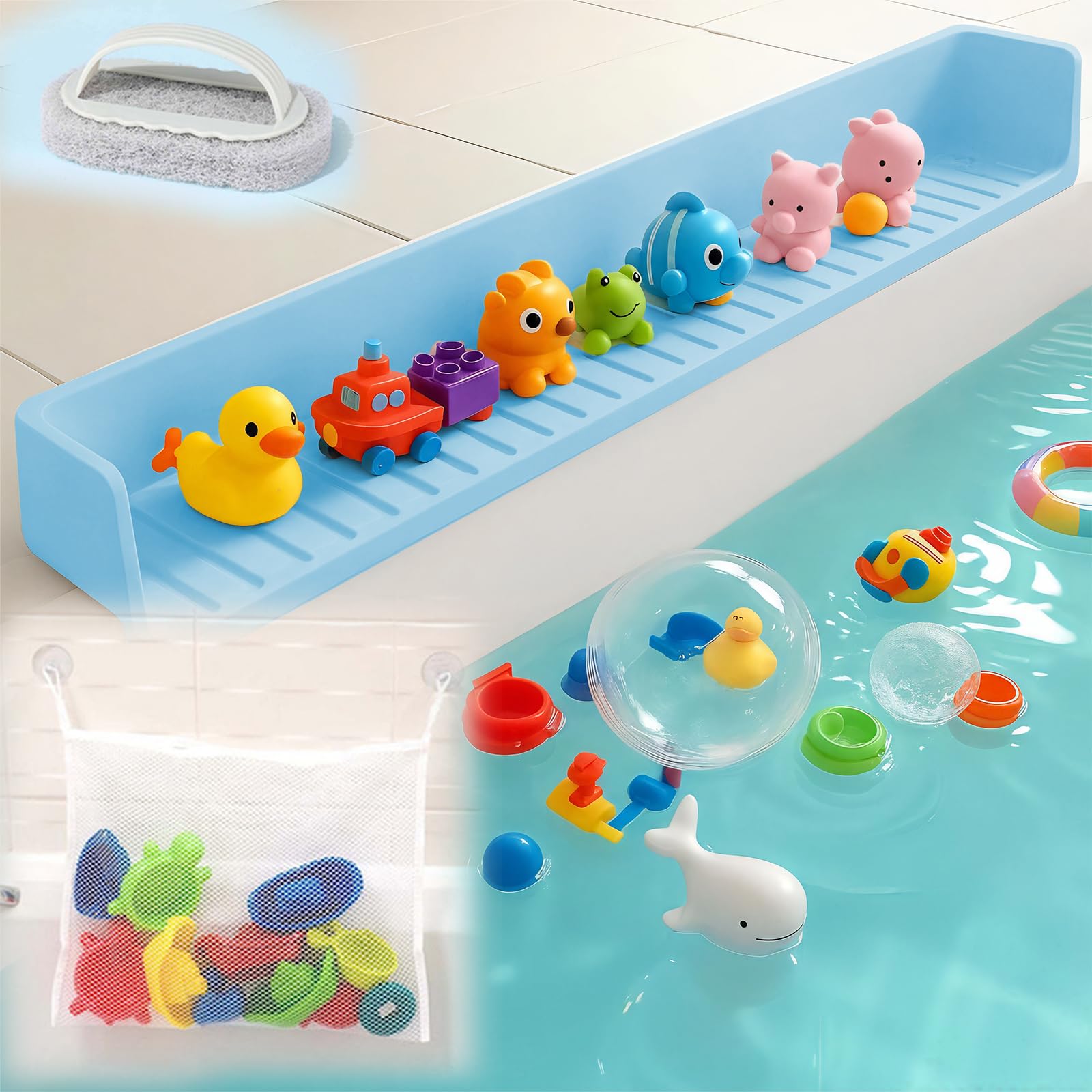 Protector de salpicaduras de silicona extra largo para bañera, color blanco, para evitar derrames de agua, accesorios de bañera para niños (2.6 pies, azul)