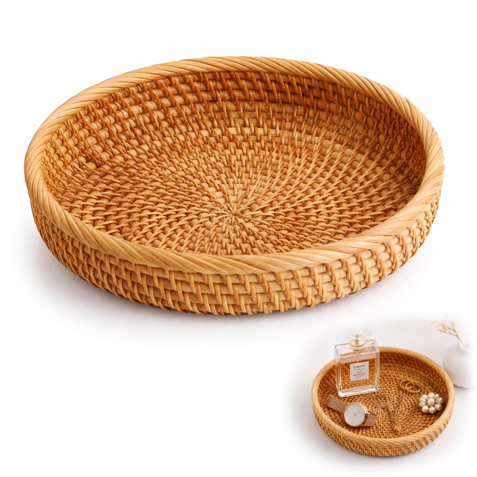 Natural Round Rattan Tray 21.5 cm - Hand Woven Wicker Tray for Coffee Table Entryway Vanity, Boho Storage Organiser for Keys Remotes Cosmetics Snacks Fruit, Lightweight, 21.5 x 4 cm