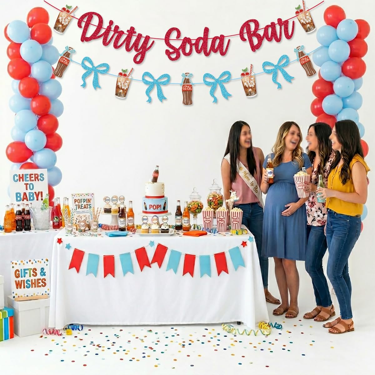 Dirty Soda Bar Banner Blue Bow Soda Pop Garland Pre-strung for Blue and Red She's Ready to Pop Soda Theme Boy Baby Shower Decorations