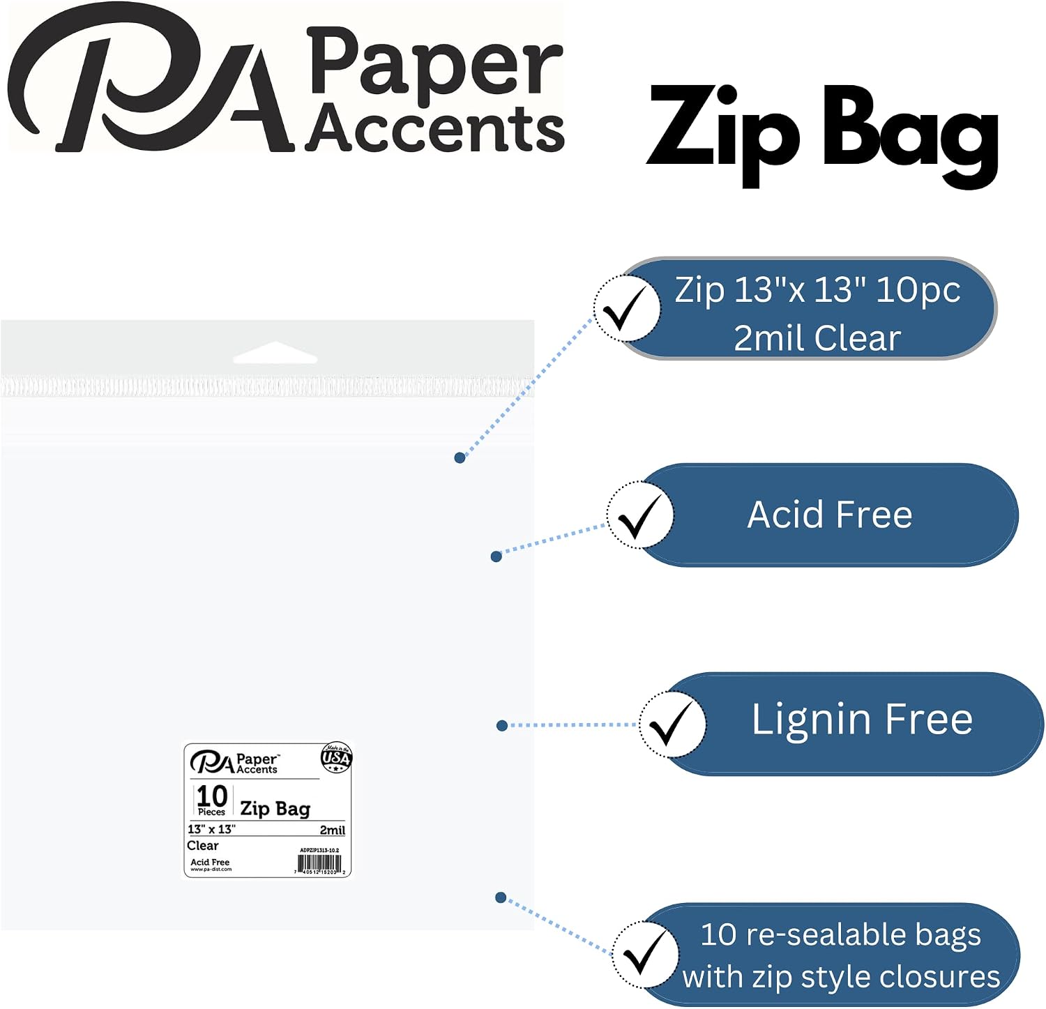 Accent Design Paper Accents Clear Zip Bags 13x13 2mil 10ct, 12x12 Scrapbook Page Protectors for Albums, Refill Sleeves for Scrapbook Pages, 12x12 Clear Plastic Sheet Protectors
