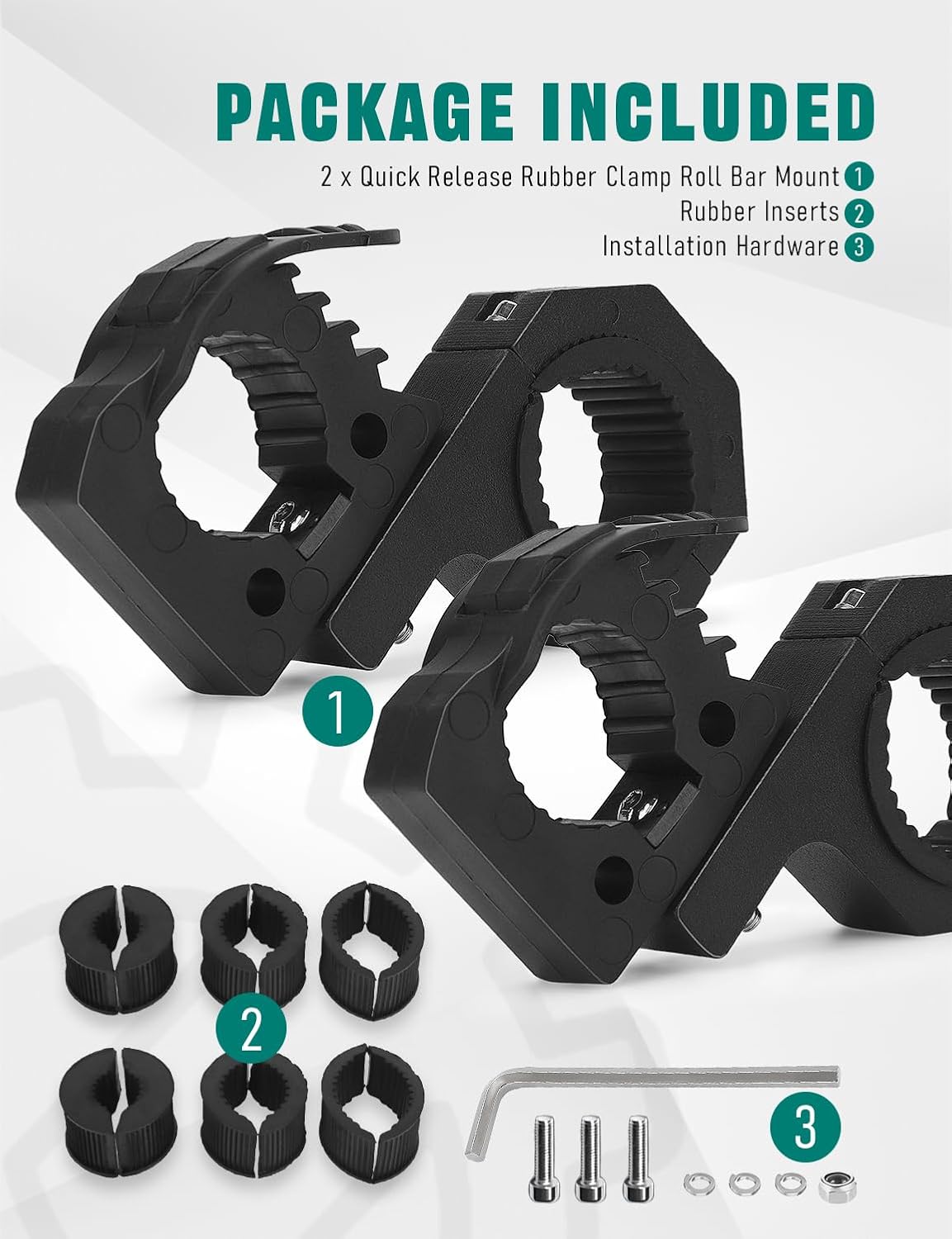 Quick Release Rubber Clamp for 1-1/10in to 1-3/10in Tools with Metal Roll Bar Clamp Mounting Bracket Install on 1/1.5/1.75in Horizontal Vertical Roll Cage Fit Off-Road Vehicles UTV ATV