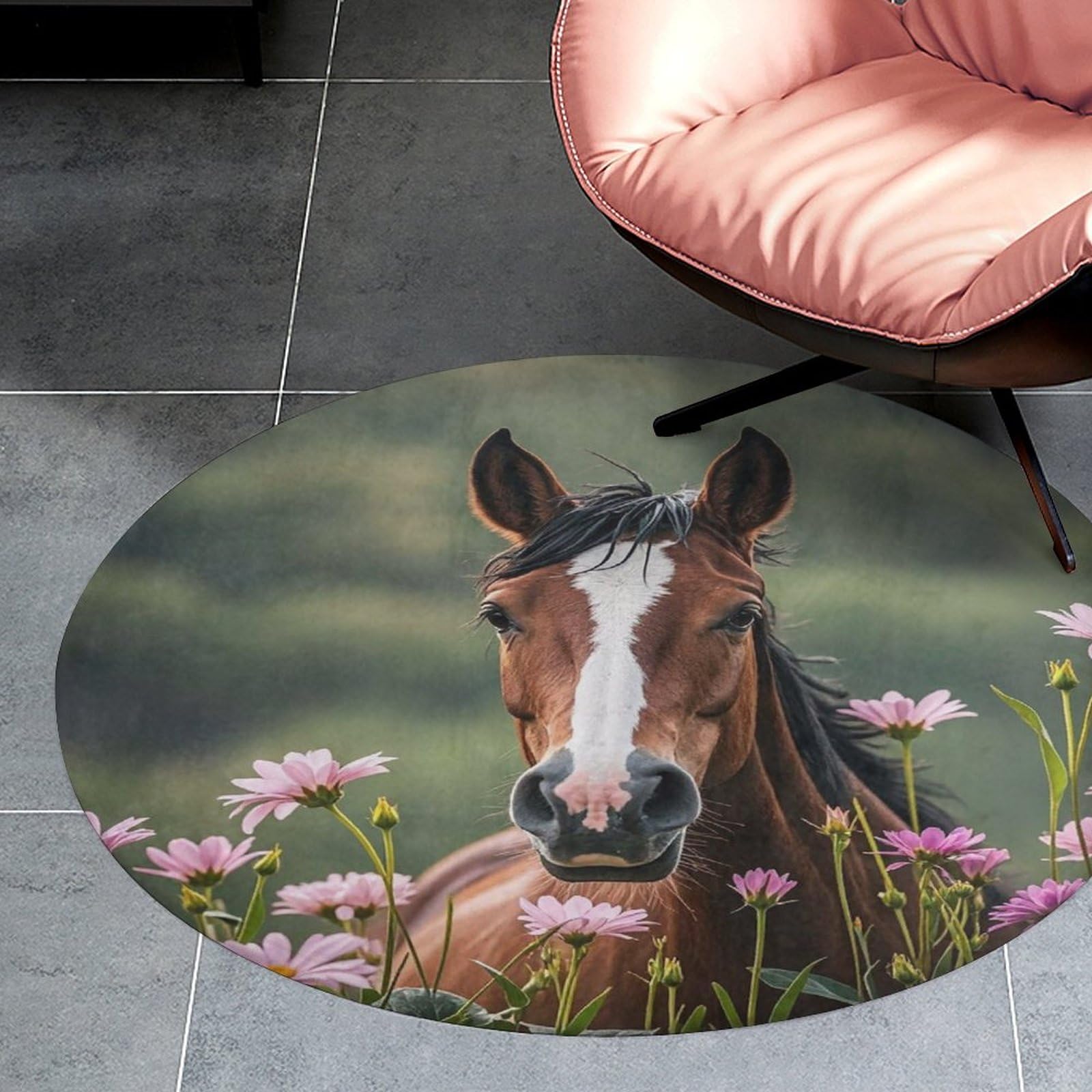 Tapis rond 90 cm chevaux et fleurs doux et absorbant