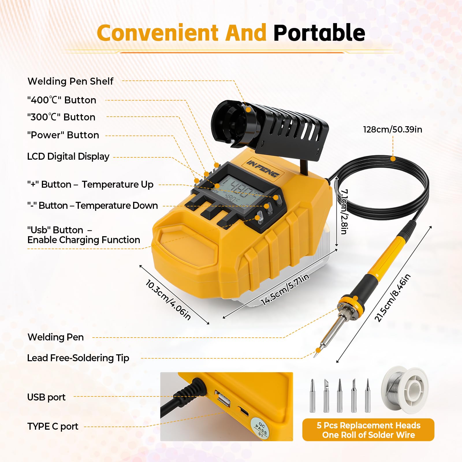 Estación de soldadura con batería para baterías DEWALT de 18 V/20 V, kit de soldadura de 60 W con pantalla digital, control de temperatura de 200 – 480 °C, calentamiento rápido, 5 puntas de soldadura