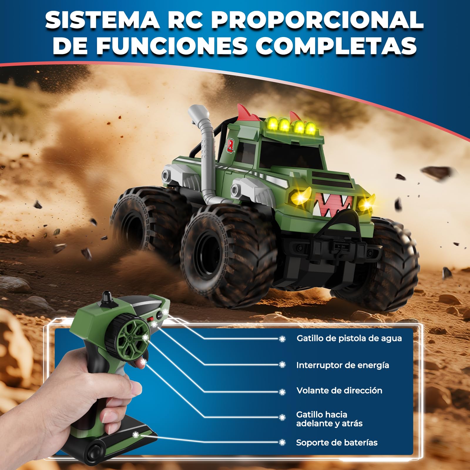 Nitigo Coche Teledirigido - 4WD Monster Truck con Cañón de Agua, 1:16 Coche RC Anfibio con Luces LED 20 Km/h, 2 Baterías Recargables 90 Min de Autonomía, para Niños 6-12 Años y Adultos (Verde)