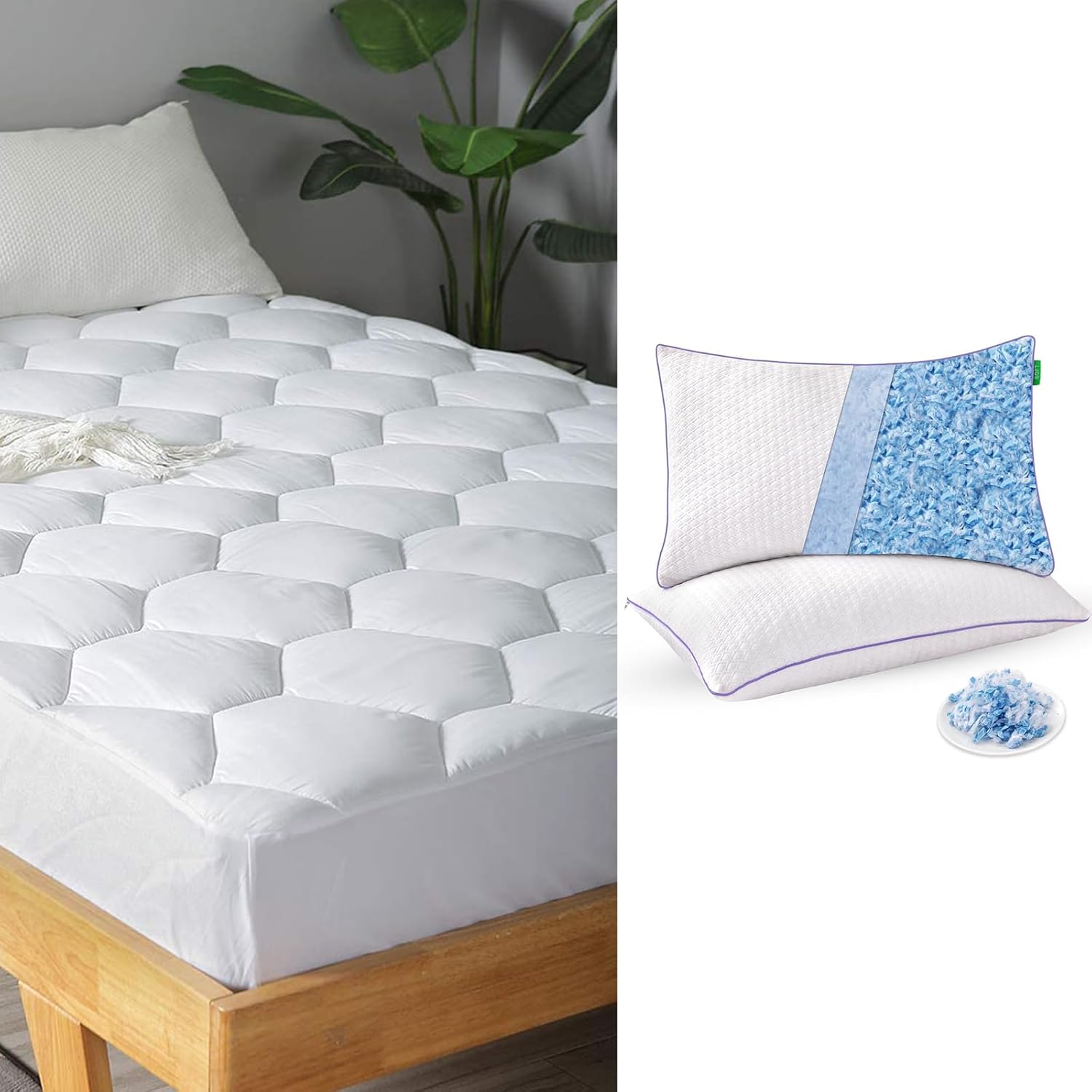 Favorland Cooling Bed Pillows Queen Size Set of 2&Queen Mattress Pad, 8-21" Deep Pocket Protector Ultra Soft Quilted Fitted Topper Cover