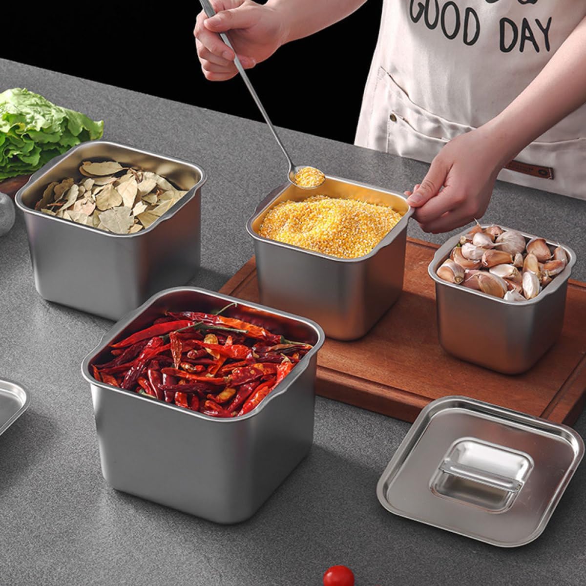 Stainless Steel Condiment Pot Silver, with Lid and Handle Kitchen Jar