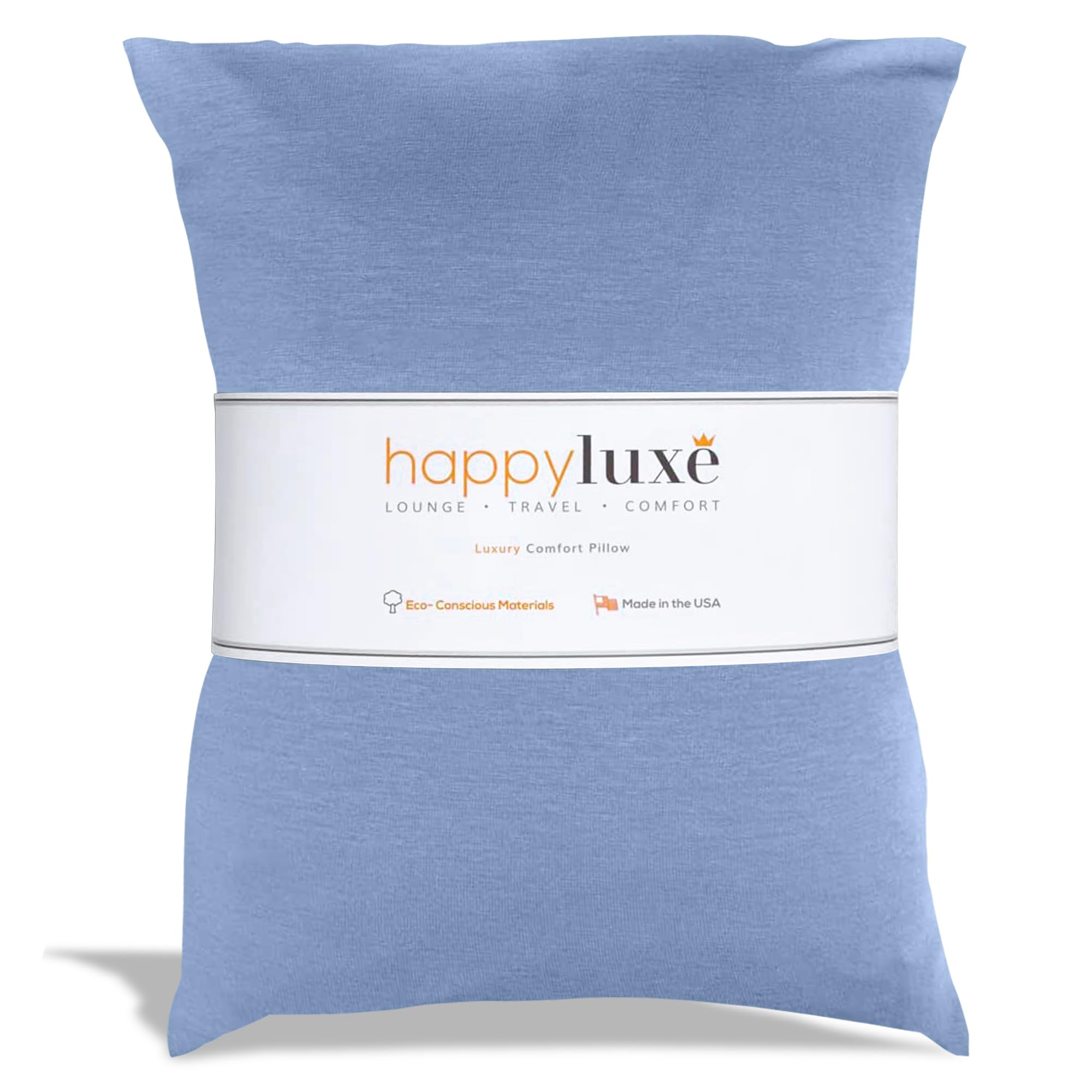 Happyluxe Odyssey Travel Pillow for Long Flights - Soft, Small, Alternative to Down and Memory Foam. 17 x 13in - Made in The USA, Serenity Blue