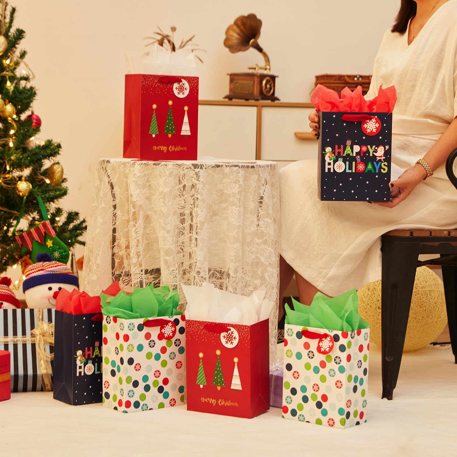 SUNCOLOR Small Christmas Gift Bags with Tissue Paper, 6 Pack Holiday Theme Bags in 3 Festive Designs, 7x9x4 Inches, Red Navy White with 12 Sheets Tissue Paper