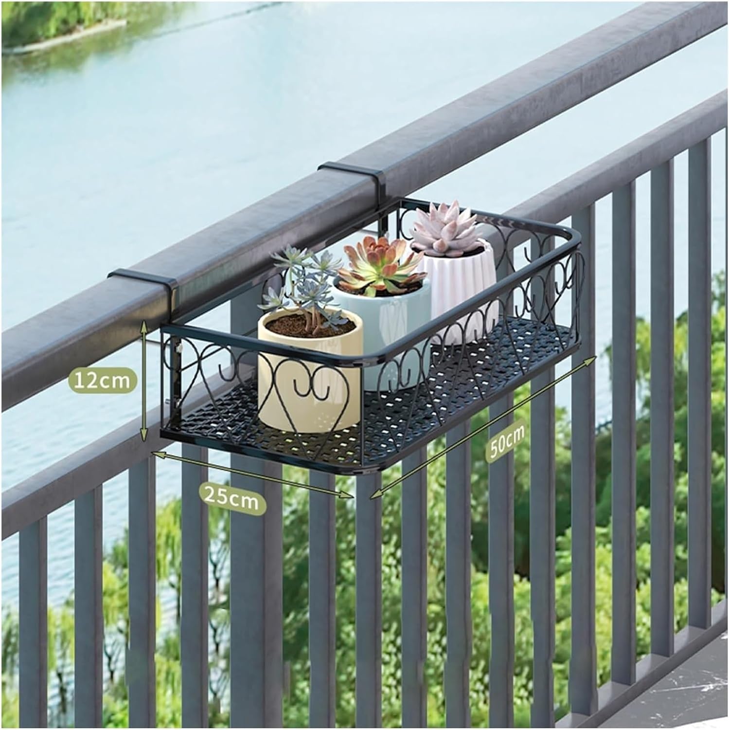 Railing Planter Box - Fence & Balcony Flower Shelf, Window Sill Guardrail Hanging Plant Stand, Outdoor Garden Decor (25x50x12cm)