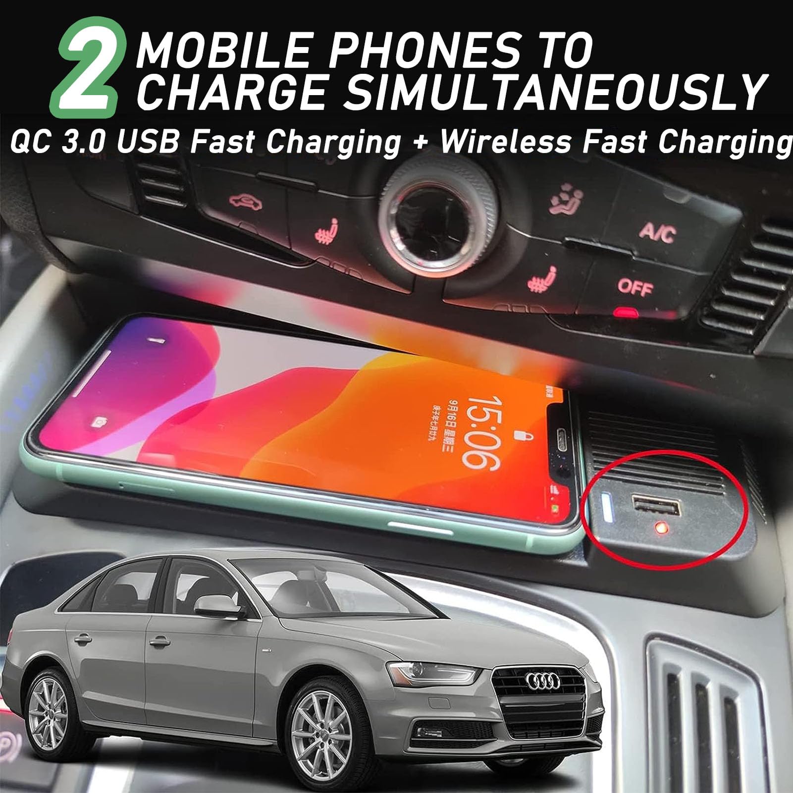 Caricatore Wireless Per Auto Per Audi A4 2008-2016, A4 Allroad 2012-2014, A5 2008-2014, S5 2009-2016, Rs5 2012-2014, Q5 2010-2018, Sq5 2014-2017 Con Sistema Di Raffreddamento A Doppio Canale D'aria