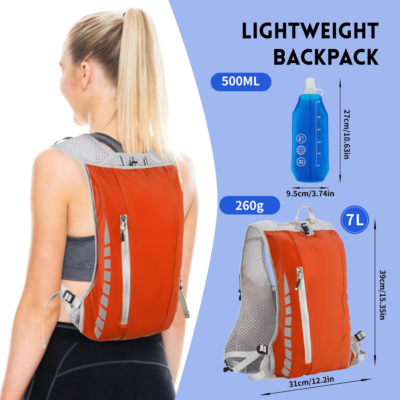 Expansea Zaino da Corsa 7L, Super Leggero Zaino Uomo & Donna, Tasche Multiple, Running Vest With Borraccia Morbida 500ml per Ciclismo, Maratona,Corsa, Arrampicata e Altri Sport All'Aria Aperta