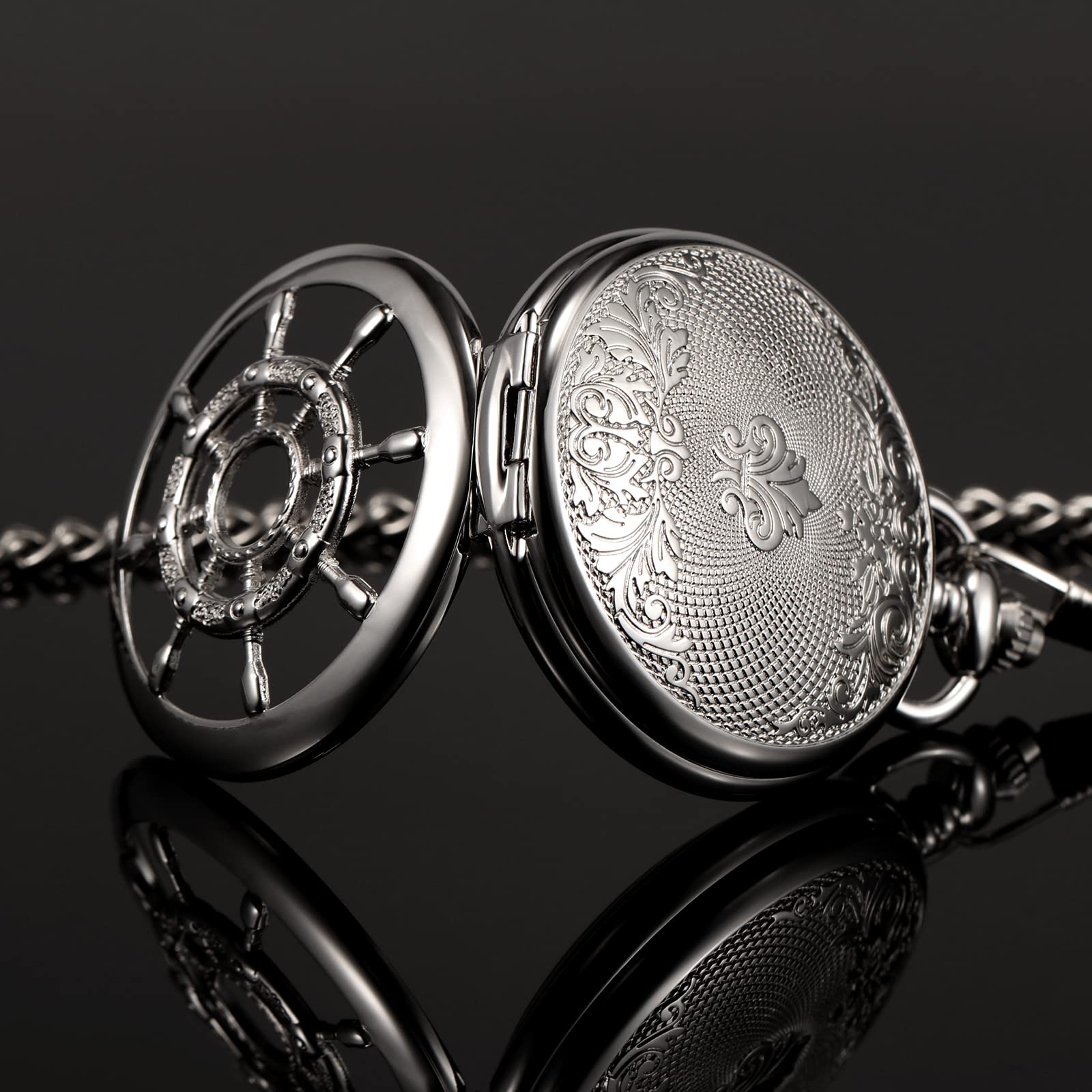 TREEWETO Reloj de Bolsillo Vintage Timón Hueco Mecánico Steampunk Esqueleto Números Romanos Reloj de Bolsillo con Cadena para Hombres Mujeres