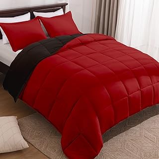 Basic Beyond Red and Black Comforter Set Queen Size - Washed Microfiber Reversible Queen Bed Comforter Sets - 3 Pieces (1 Comforter + 2 Pillow Shams)