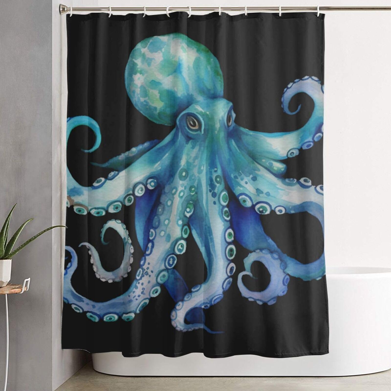 Rideau de douche bleu aquarelle pieuvre imperméable avec 12 œillets 183x183