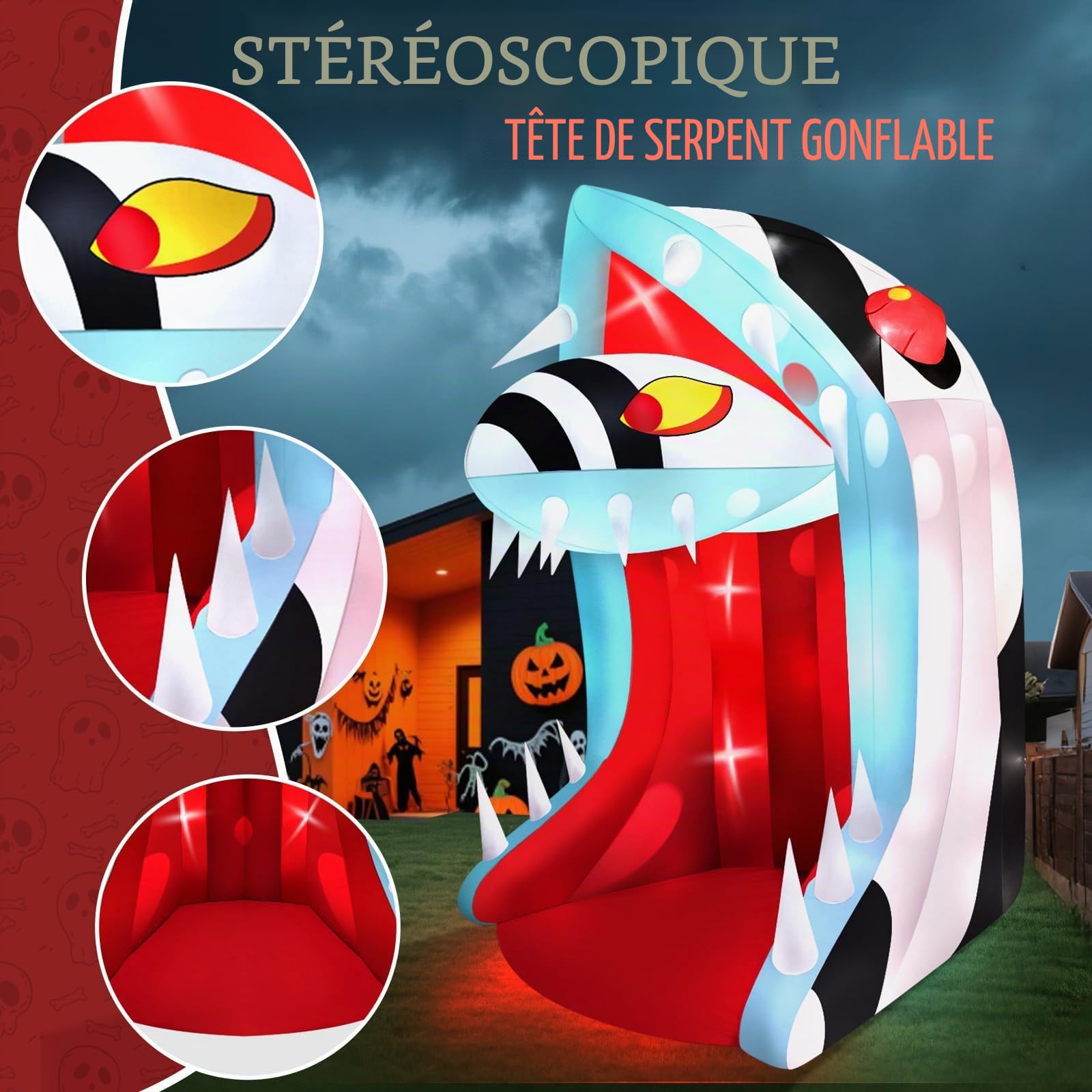 10 Pieds Tête de Serpent Gonflable d'halloween, Kalolary Décoration d'extérieur d'halloween avec Bouche Ouverte et Dents Pointues Arche Gonflable d'halloween Serpent Décoration Jardin Maison Fête Rue