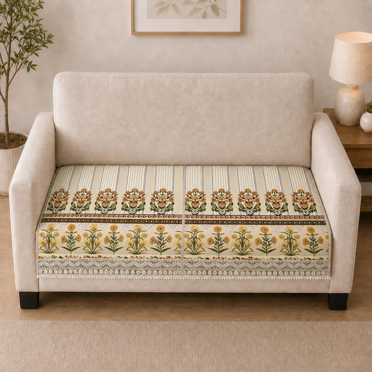 Clasiko Suede Velvet Sofa Mat 2 Seater | Heritage Stripe - Ivory Cream | Anti Skid & Machine Washable Sofa Cover Protector-image-39