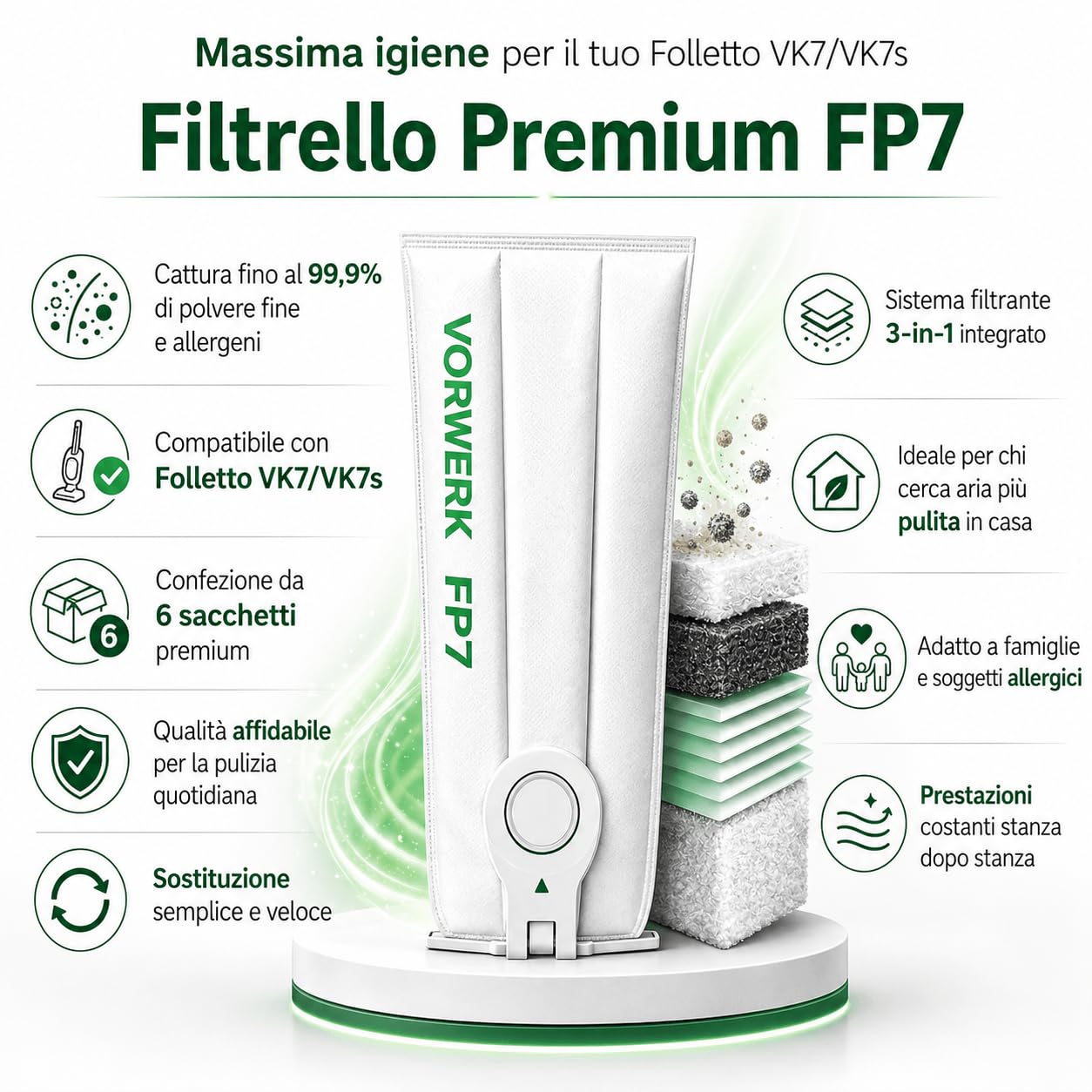 SACCHETTI ORIGINALI FOLLETTO FP7 KOBOLD + DOVINA - Filtrello Premium per VK7 VK7S, Conf. 6 Pezzi + 6 Profumini originali con Filtro HEPA Integrato 0,8L, Chiusura Igienica e Perle Anti Odore (5 Pacchi)