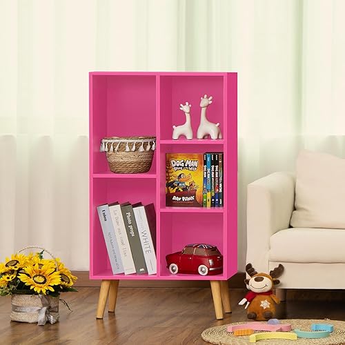 Miniatura 5 de LEYAOYAO Estantería de 5 cubos, estantería de 3 niveles con patas, estante rosa para libros para niños, lindo organizador de almacenamiento,