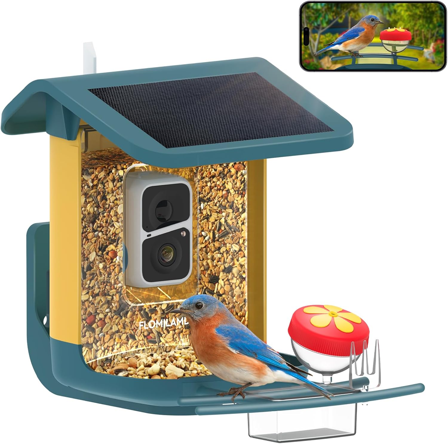 Bird Feeder with Camera,Smart AI Identify Bird Species Camera Wireless Outdoor Solar Powered, Live View 2K,Auto Capture When Motion Detected&APP Notify,Color Night Vision,FL006