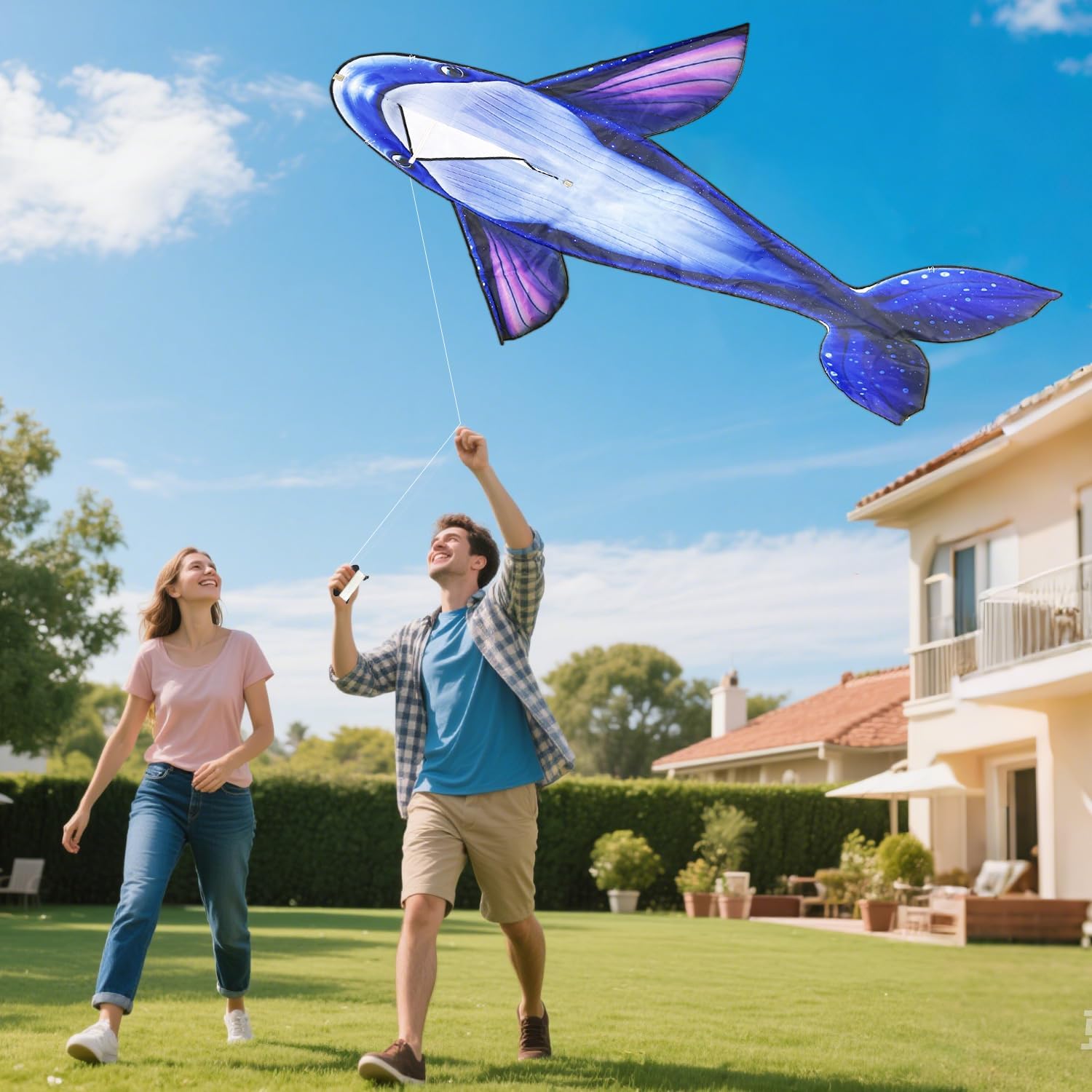 Giant Whale Kite with 328ft Line - Large Easy-to-Fly Ocean Design Outdoor Flying Toy for Beach, Park, Garden - Family Fun Activity with Portable Carry Bag, Durable Kite for Kids & Adults (Single)