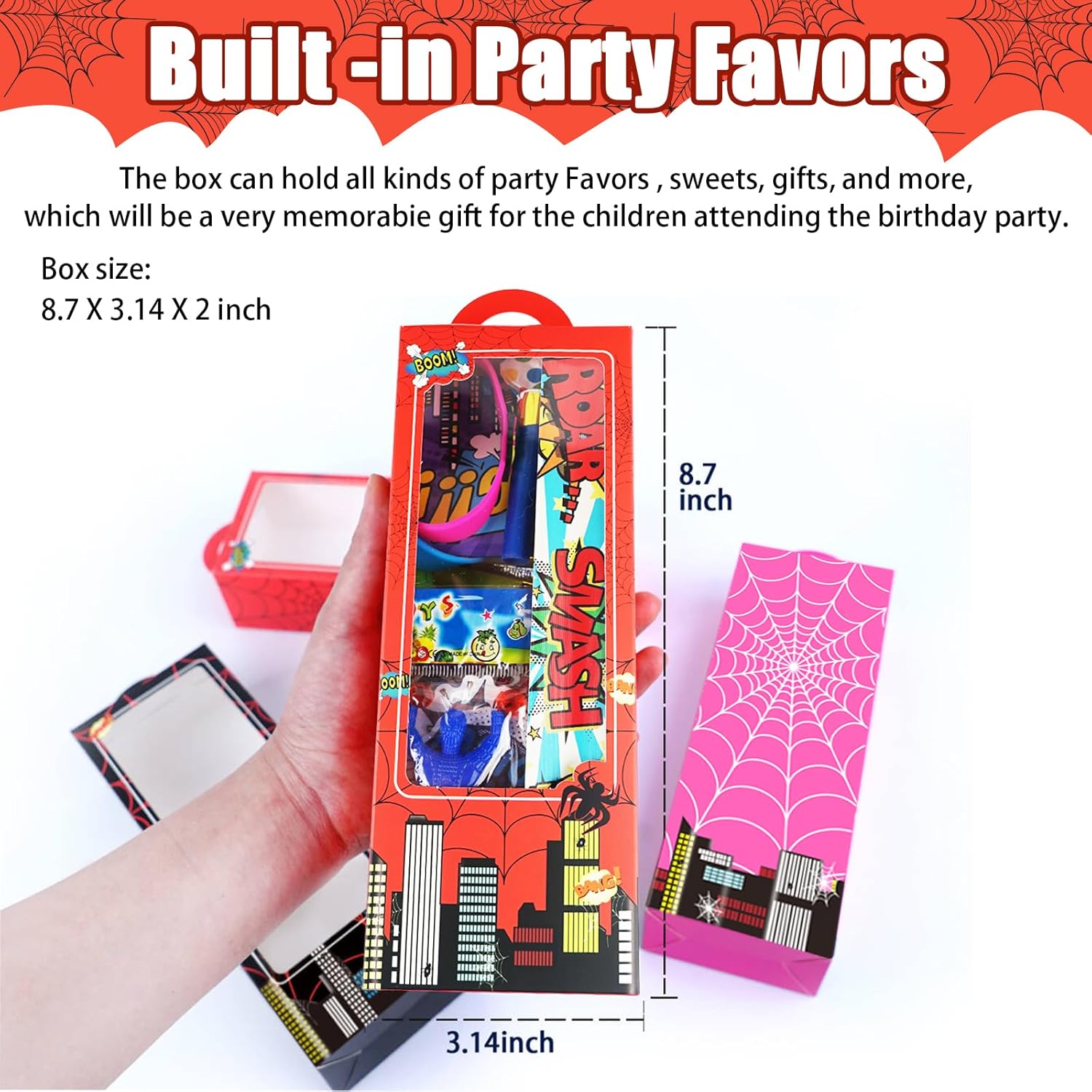 208Pcs Spider Theme Party Favors for Boys, 12 Guests Set with Goodie Boxes Straw Slap Bracelets Sticky hands Notebooks Keychain Stickers for Birthday Party, Classroom Prizes & Return Gifts