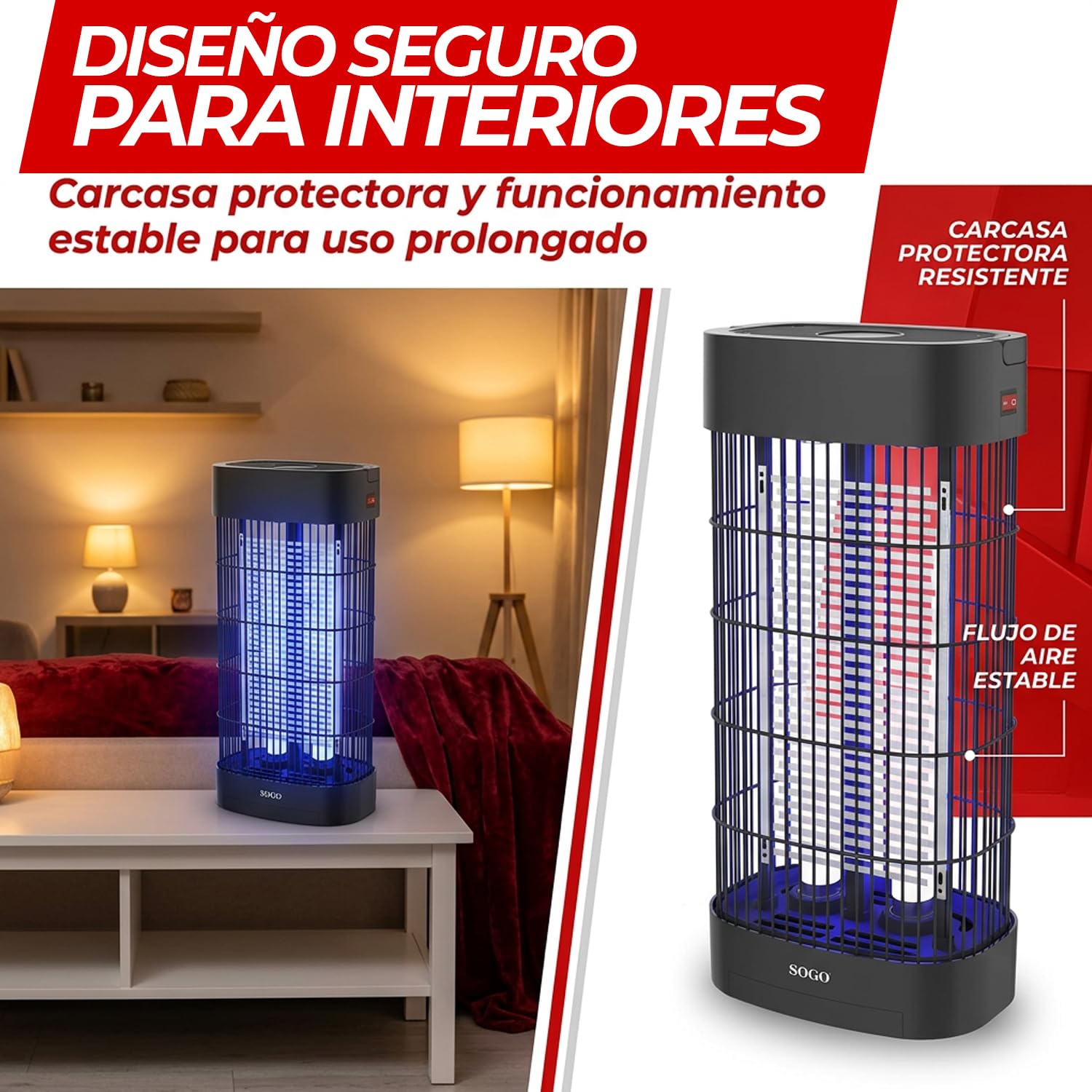 Sogo Lámpara Antimosquitos Eléctrica 2x10 W para hasta 80 m² - Mata Mosquitos Eléctrico sin Químicos ni Olores - Mata Moscas Eléctrico con Luz y Bandeja Extraíble para Interior