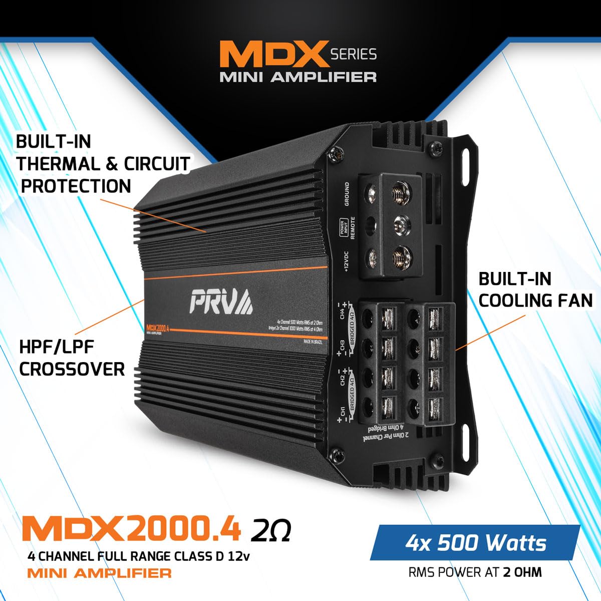 PRV Audio MDX2000.4 - Mini amplificatore audio per auto, 2 Ohm, 4 canali, 4 x 500 Watt RMS a 2 Ohm, 2000 Watt, 12 Volt, amplificatore, ponte per powersport, moto, ATV, per sistemi di altoparlanti