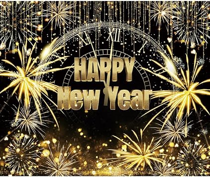 New Year Backdrop 10x8ft Black and Gold Firework Shining Gold Background Happy 2026 New Year Eve Photo Backdrops for Photography NYE Party Photo Studio Props