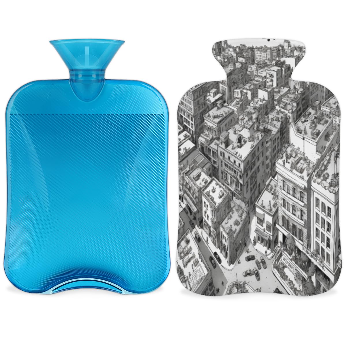Hot Water Bottle with Soft Cover,2L Graffiti City Hot Water Bag for Hot and Cold Compress, Hand Feet Warmer, Gothic City Rubber Hot or Cold Water Bottle Halloween Christmas Decorations