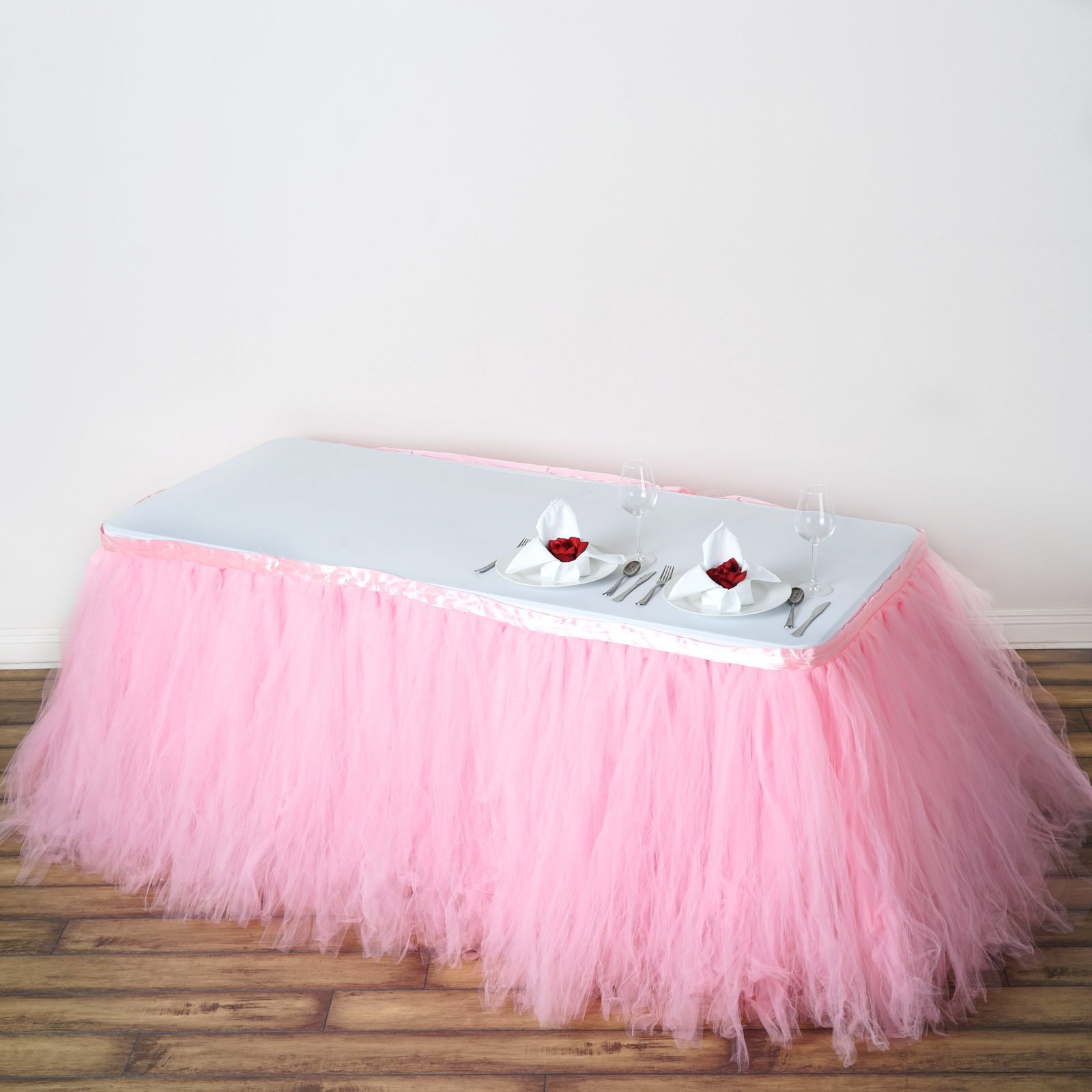 TABLECLOTHSFACTORY 21ft FULL SIZE 8 Layer Fluffy Tulle - Tutu Table Skirt - Rose Quartz Pink