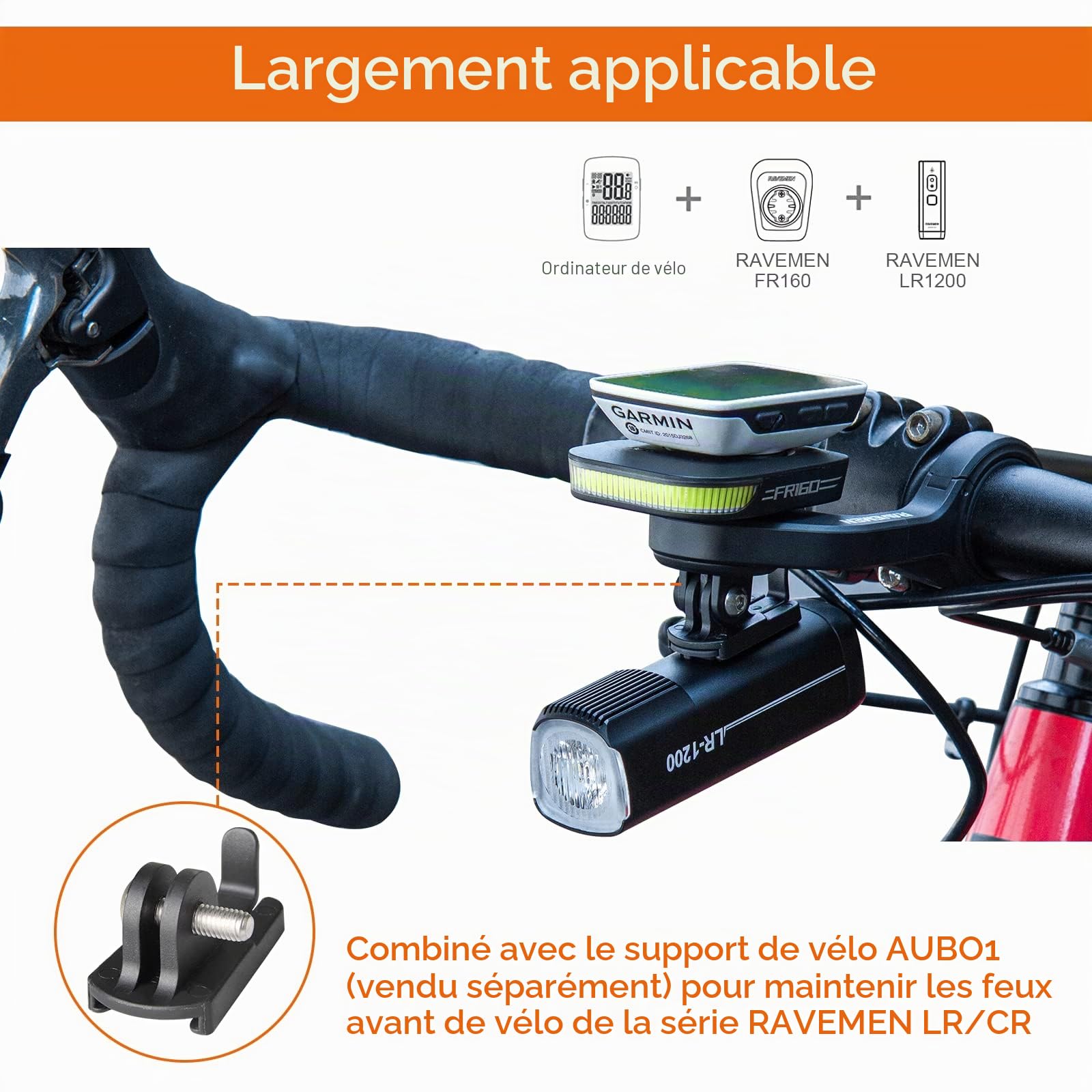 RAVEMEN AOM01 Support Compatible avec Garmin/COOSPO/CYCPLUS/iGPSPORT Compteurs Vélo, Compatible avec GoPro/FR160/Éclairage Avant,Convient aux guidons de 31,8 mm