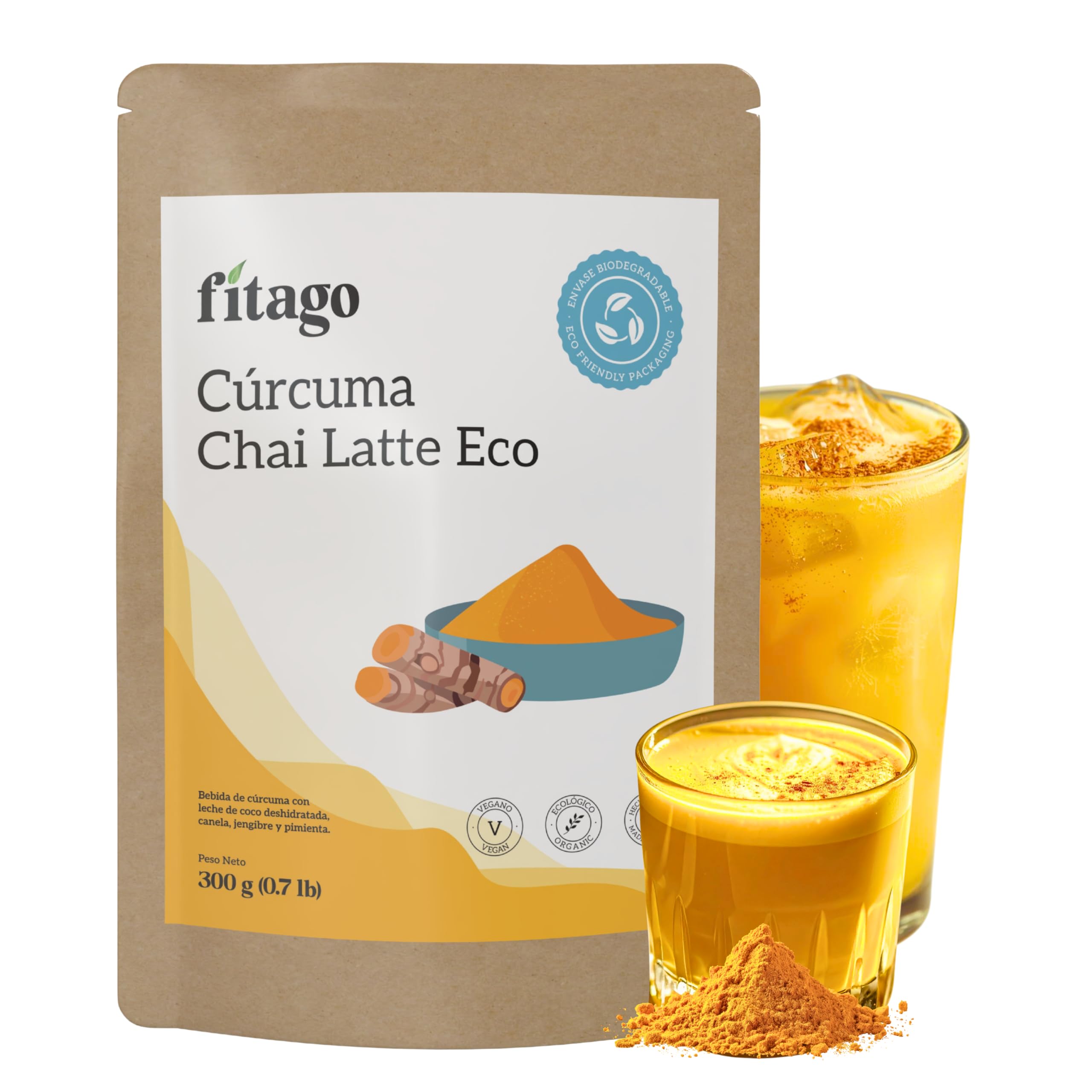 Fitago Curcuma Latte Ecológico 300g Golden Milk BIO Polvo Natural sin Aditivos Cúrcuma Jengibre Pimienta Negra Leche Coco