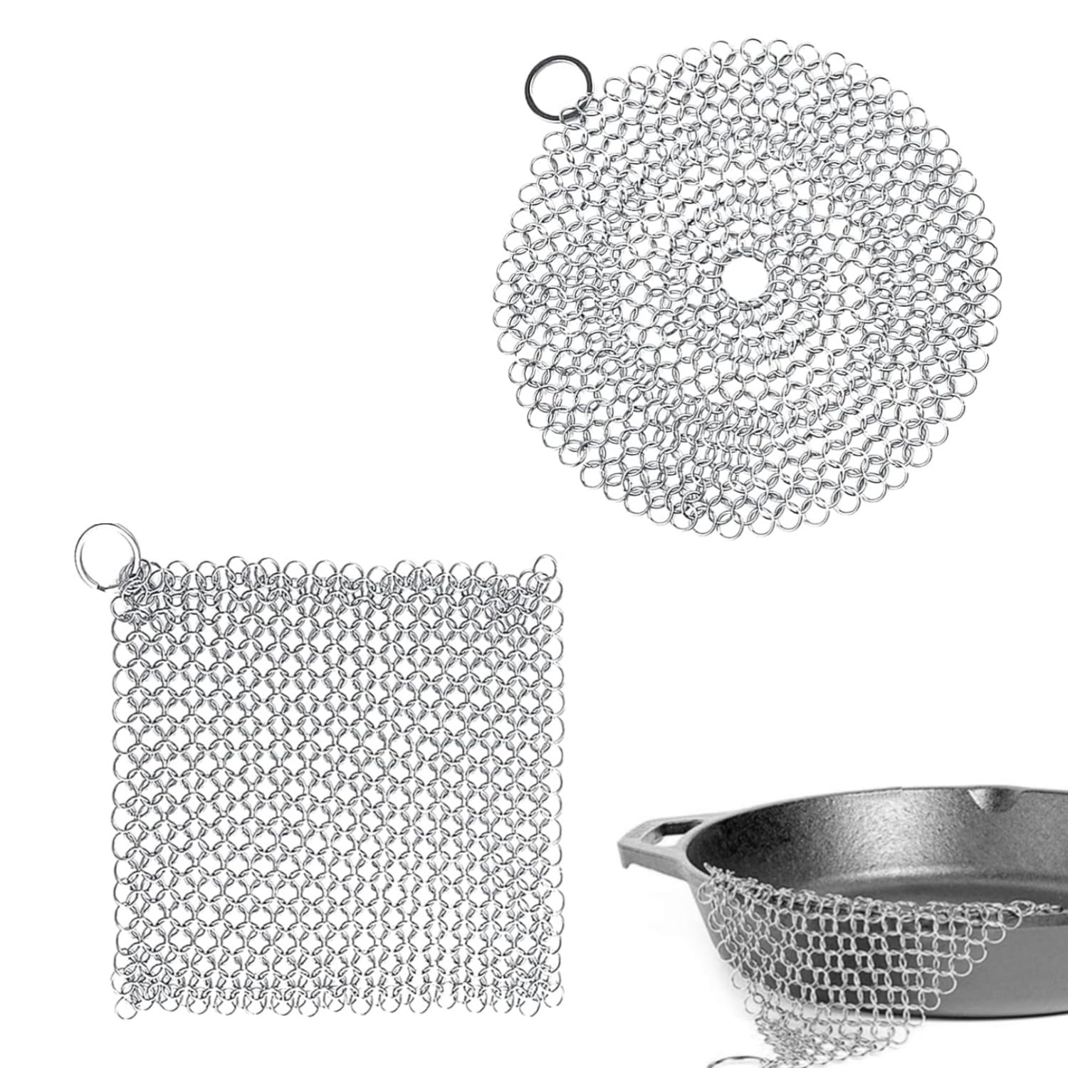 Scrubber per Cotta di Maglia in Acciaio Inossidabile, 2 pz Cast Iron Cleaner Scrubber in Acciaio Pulitore in Ghisa Ghisa Attrezzi per la Pulizia con Anello per Pentole in Ghisa