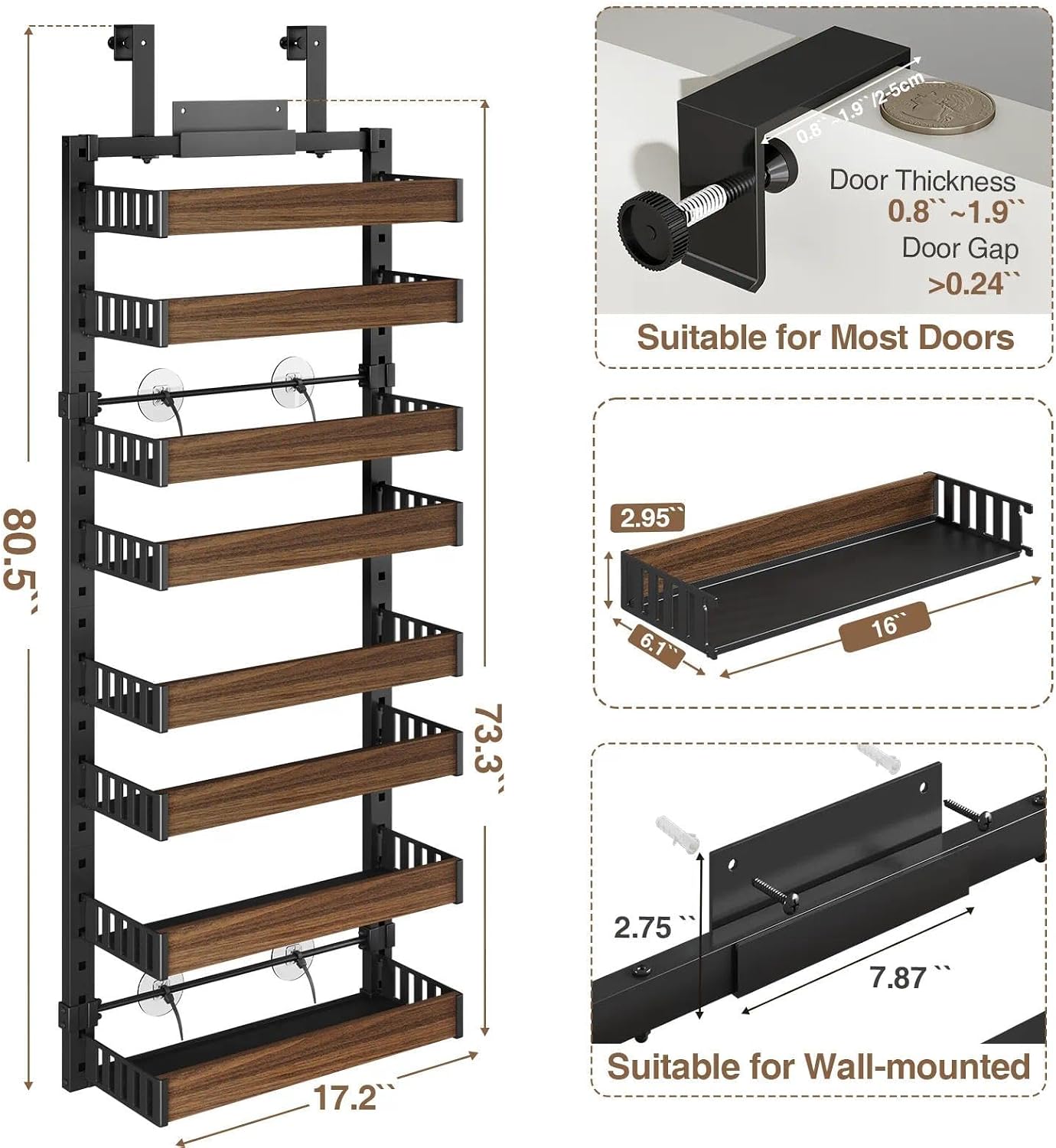8 Tier Over the Door Pantry Organizer with Adjustable Wooden Baskets, Heavy Duty 2 in 1 Wall Mounted & Hanging Spice Rack for Kitchen, Cabinet and Closet Organization