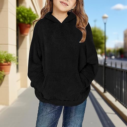 Girls Oversized Hoodies Fleece Sweatshirt Long Sleeve Warm 2025 Trendy Pullover Winter Casual Preppy Outerwear Tops(Black,4-5T)