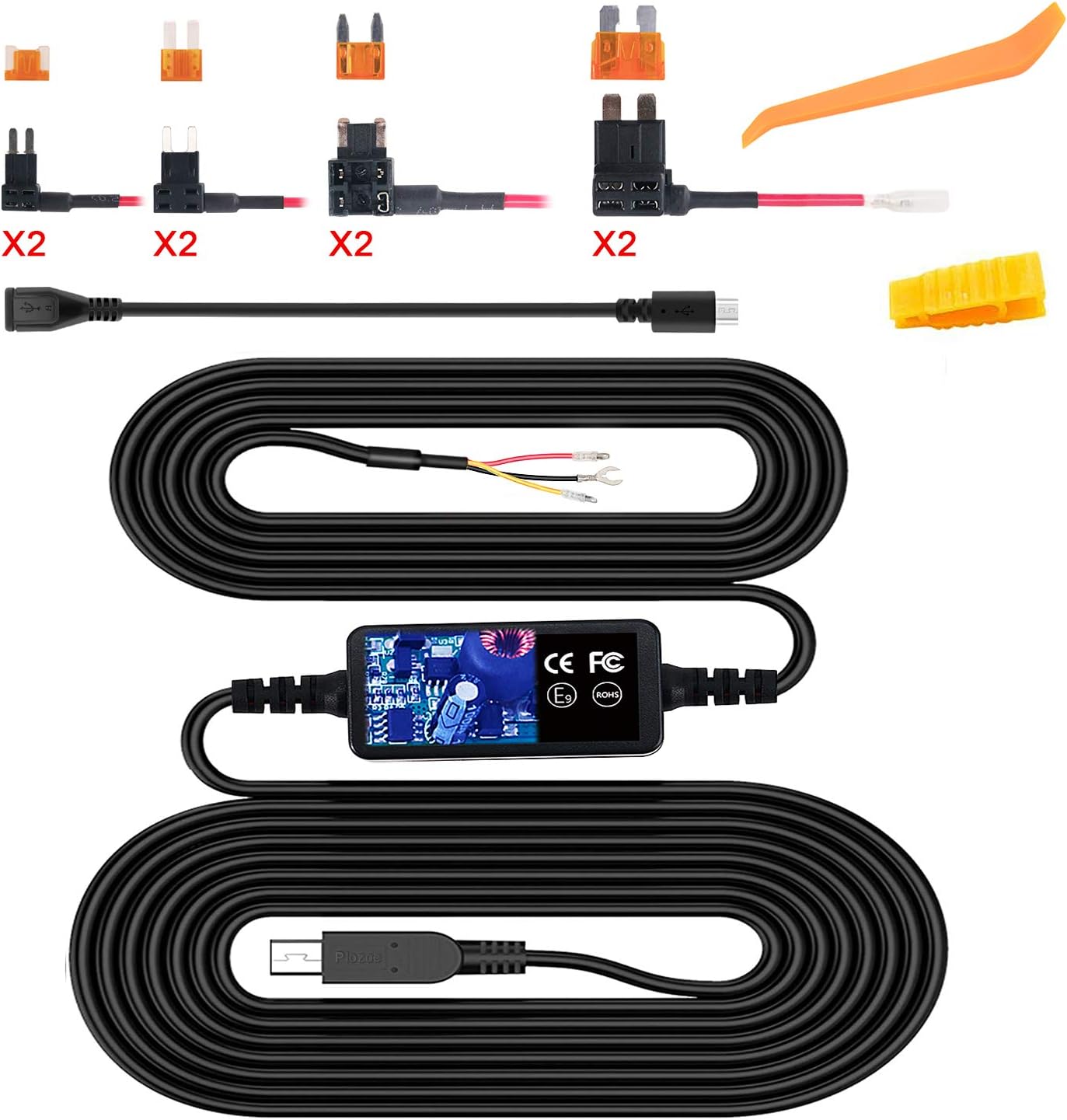 Dash Cam Hardwire Kit, Mini USB Hard Wire Kit Fuse for Dashcam, Plozoe 12V-24V to 5V/2A Car Dash Camera Charger Power Cord（13ft）