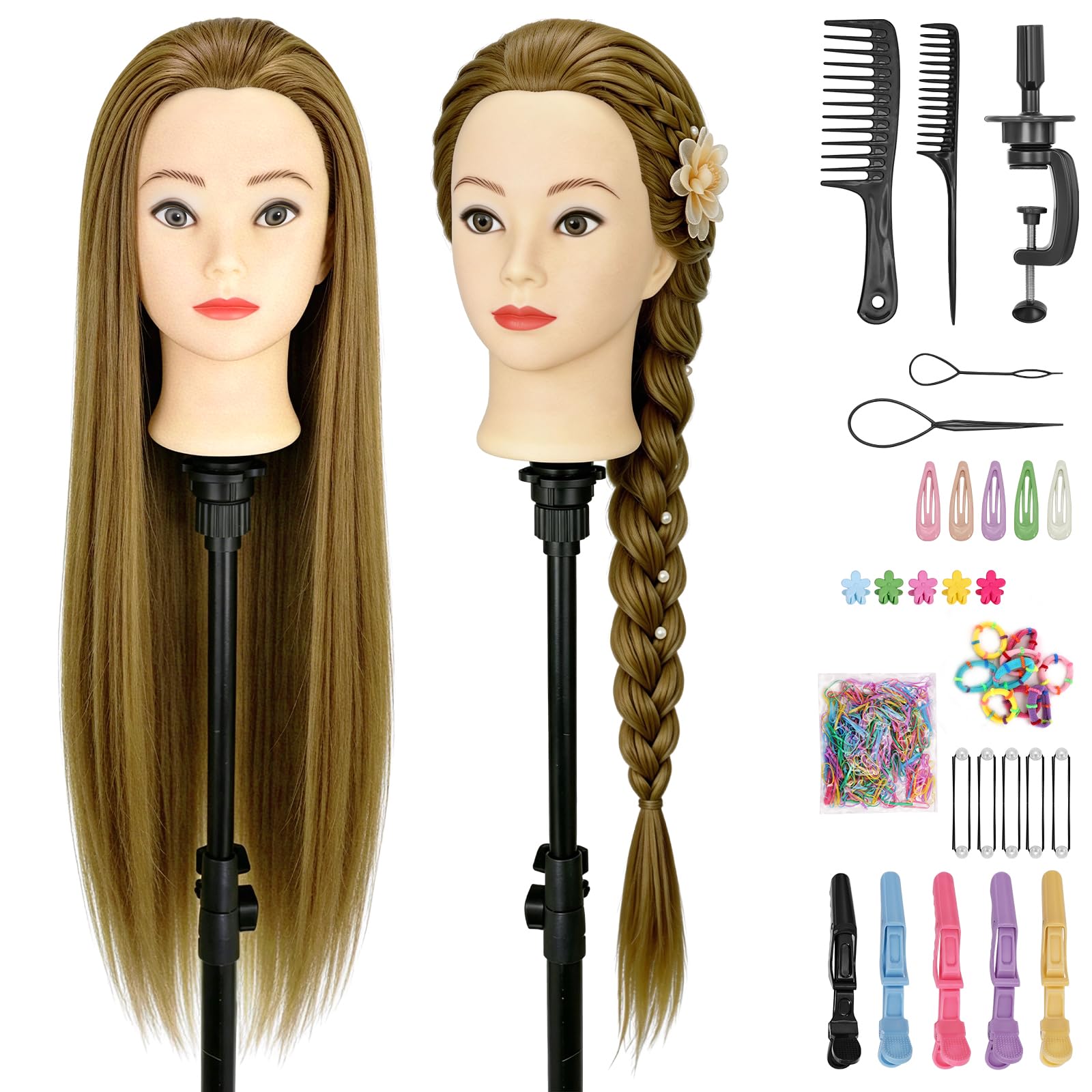 Yofuly 28-29Zoll / 71–74cm Frisierkopf mit Ohrlöchern, 100% Kunsthaar, Übungskopf Frisieren Trainingsköpfe Puppenkopf Friseur Mannequin Kopf mit Tischklemme + DIY-Zopfset (Blond)