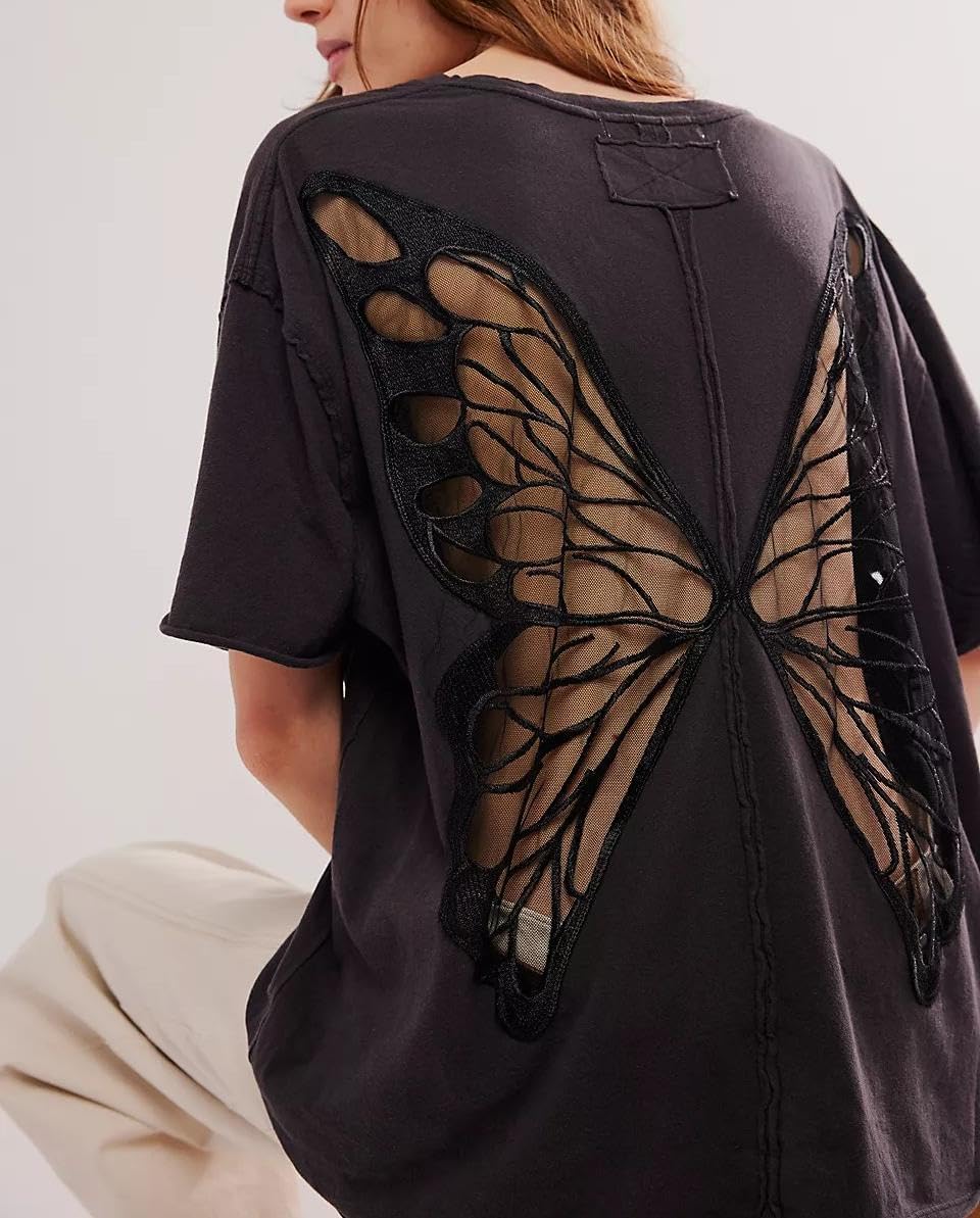 VAOYIU Women's Oversized Butterfly Wing Lace Embroidered T-Shirt Short Sleeve Sheer Mesh Back Design Y2K Basic Tee - Image 2