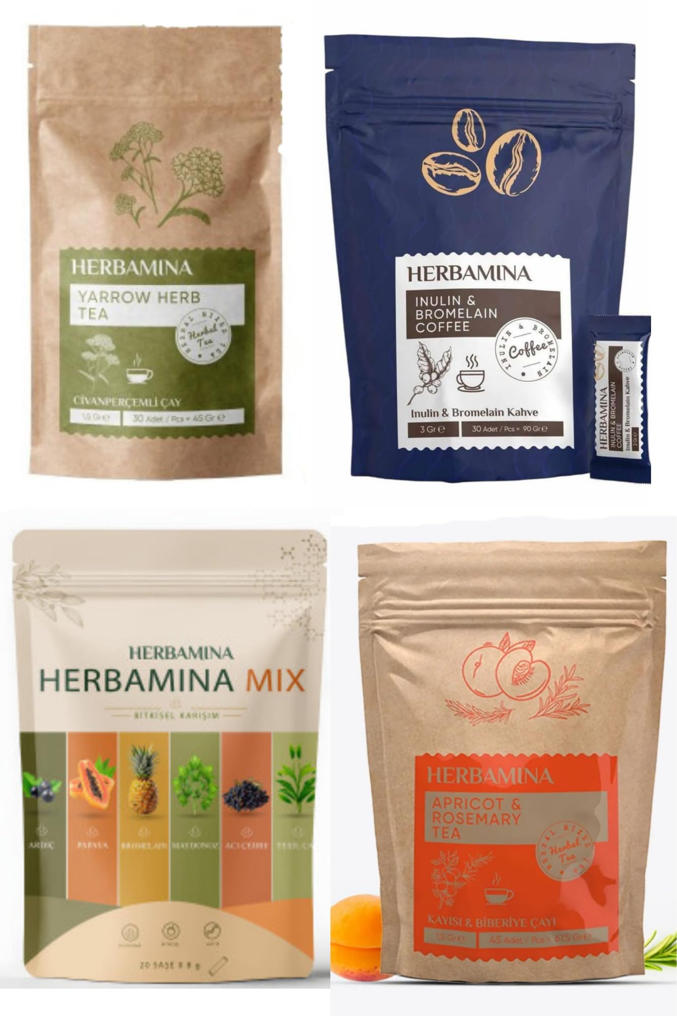 Herbamina Wellness Bundle 4-in-1 – Herbal Mix 20, Apricot Rosemary Tea 45, Yarrow Herbal Tea 30 & Inulin Bromelain Coffee 30 Sachets