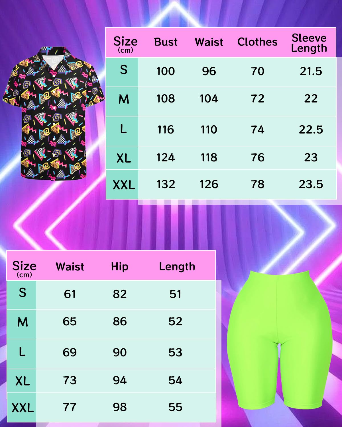 Verceco Trajes de los años 80 para mujer, disfraz de hip hop de los años 90 para adultos con camisa estampada de fiesta temática de los años 90 y juegos de accesorios retro de 7 piezas