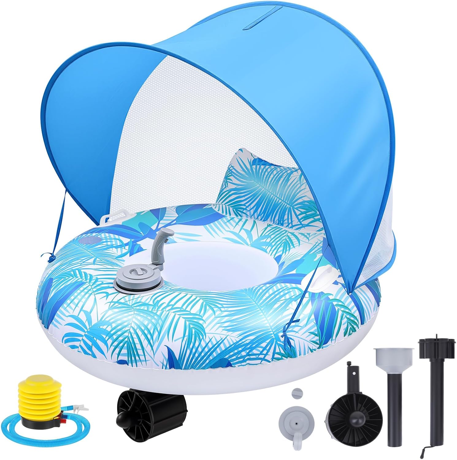 ShinyRelief Motorized Pool Float with Canopy for Adults, Electric Inflatable Motorized Pool Lounger Tube Floating with Pusher Handles Cup Holder Pump for Party Beach River