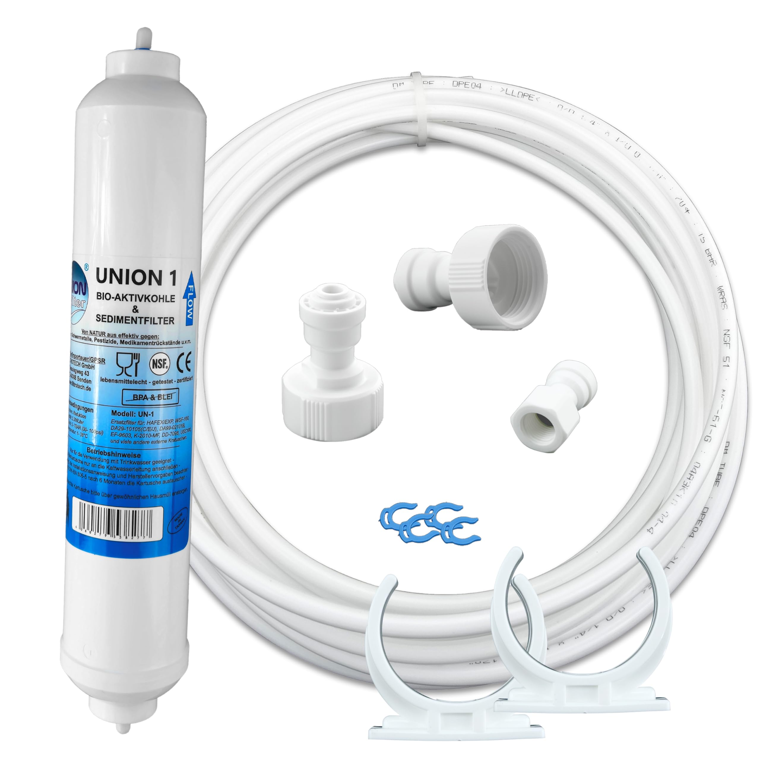 Filtrotech Union 1/AS5K Wasserfilter Kühlschrankfilter für Samsung, Bosch, LG Side-by-Side | Externer Filter & komplettes Anschluss-Set | 5m Schlauch 1/4 Zoll, Universal kompatibel für Kühlschränke