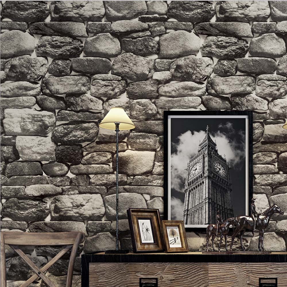 Papel pintado roca 3D gris oscuro en PVC retro para pasillos y restaurantes de 0.53x10m