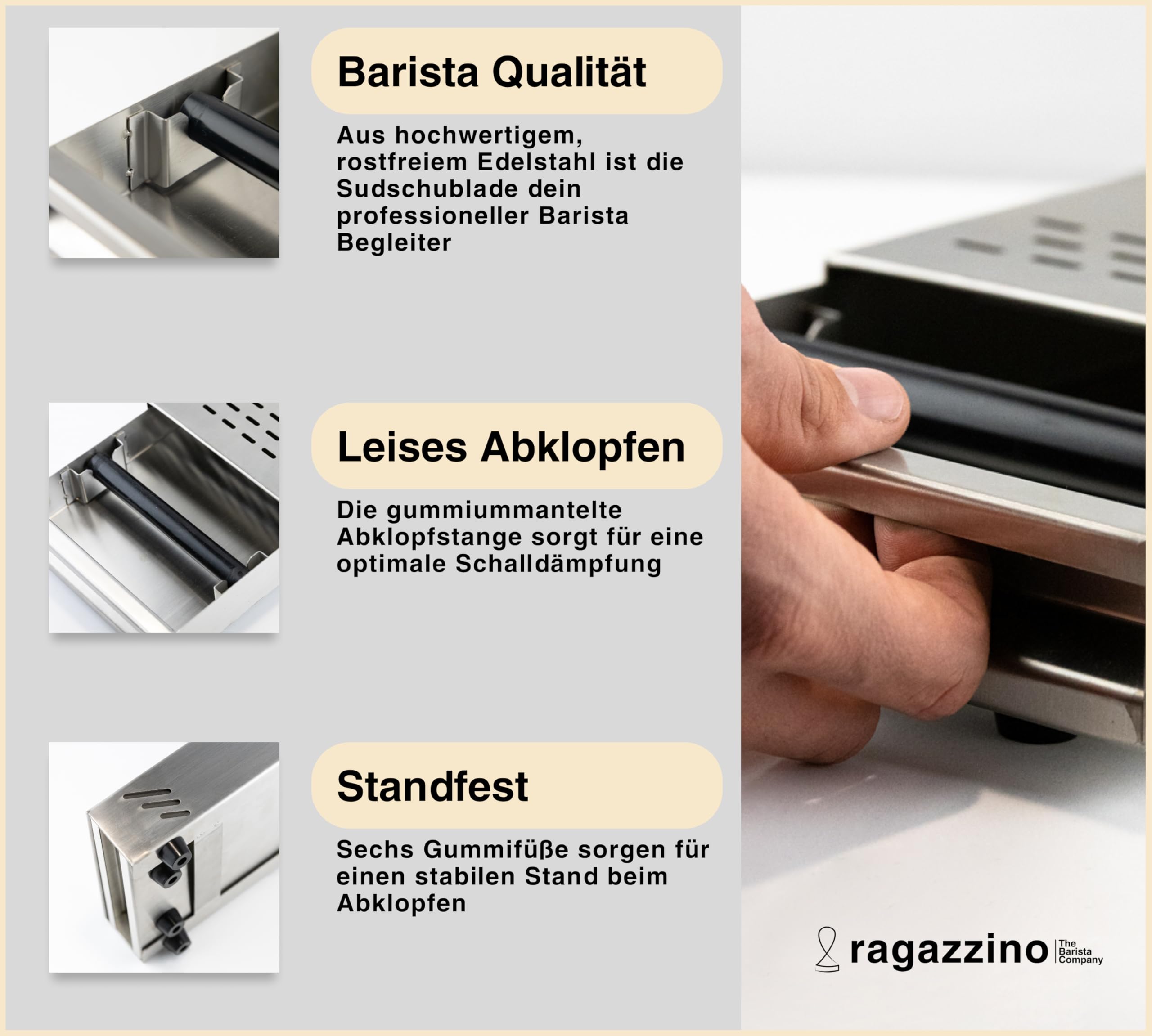 ragazzino Abklopfbehälter aus Edelstahl | Sudschublade für Espresso Siebträgermaschine | Abschlagkasten mit herausnehmbarer Abklopfstange | Knock Box 280x180x64mm