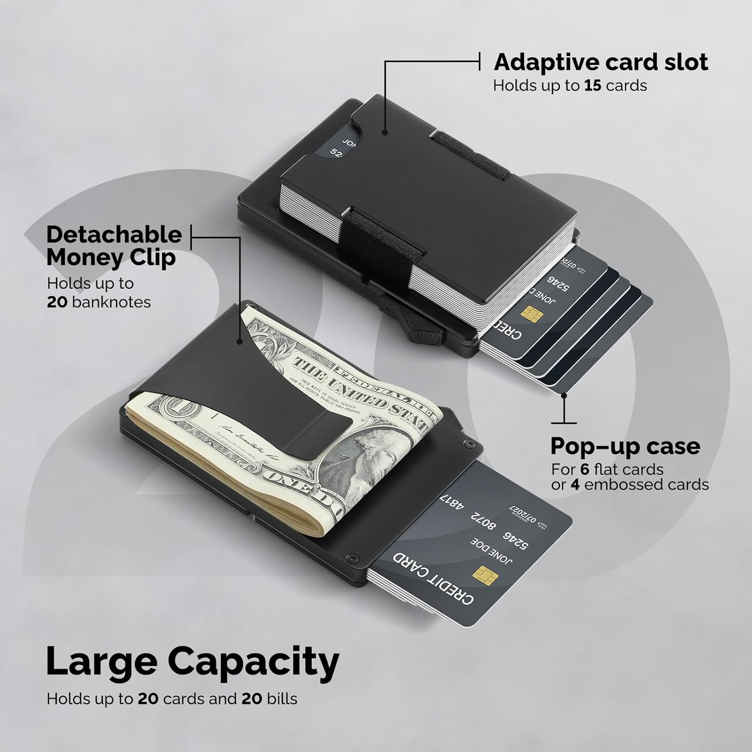 Wallet for Men with Money Clip - Holds 10-20 Cards, RFID Blocking Card Holder Wallets with Smart Card Slot, Minimalist Mens Wallet, Metal Pop Up Wallet, Gifts for Men Black - Image 2