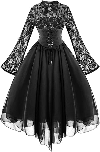 Women's Long Sleeve Gothic Dress with Corset Lace Swing Cocktail Dress Sexy Halloween Costumes 2023