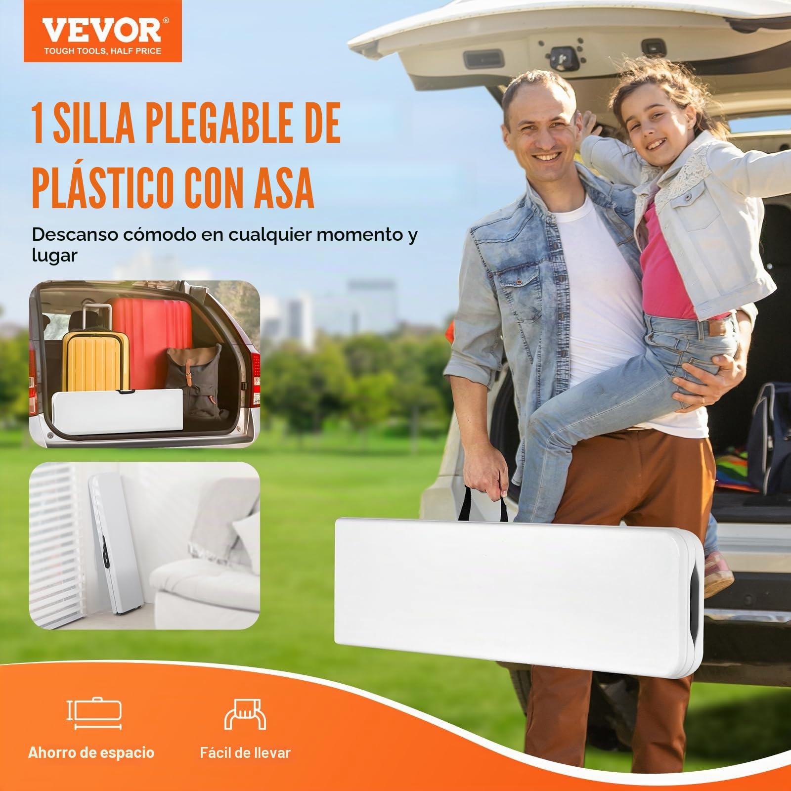 VEVOR Banco Plegable de Plástico Portátil de 183 mm, Banco de Exterior Impermeable de HDPE, Asiento de Comedor para Pícnic y Camping con Asa de Transporte, Blanco, 1820 x 280 x 430 mm, 2 Unidades