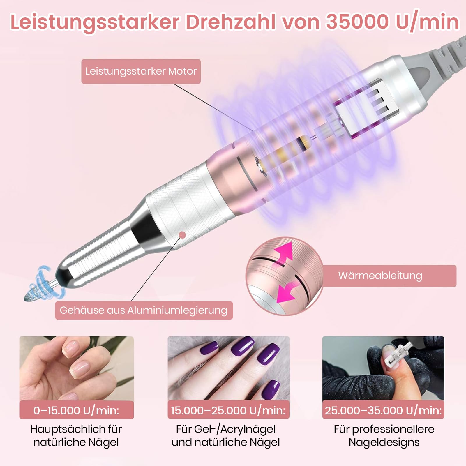 Elektrische Nagelfräser 35000 U/min, Delanie Wiederaufladbare Fräser für gelnägel Nagellack, Maniküre set Elektrische Nagelfeile mit Nagel bits, Einstellbare Geschwindigkeit und Richtung -rosagold